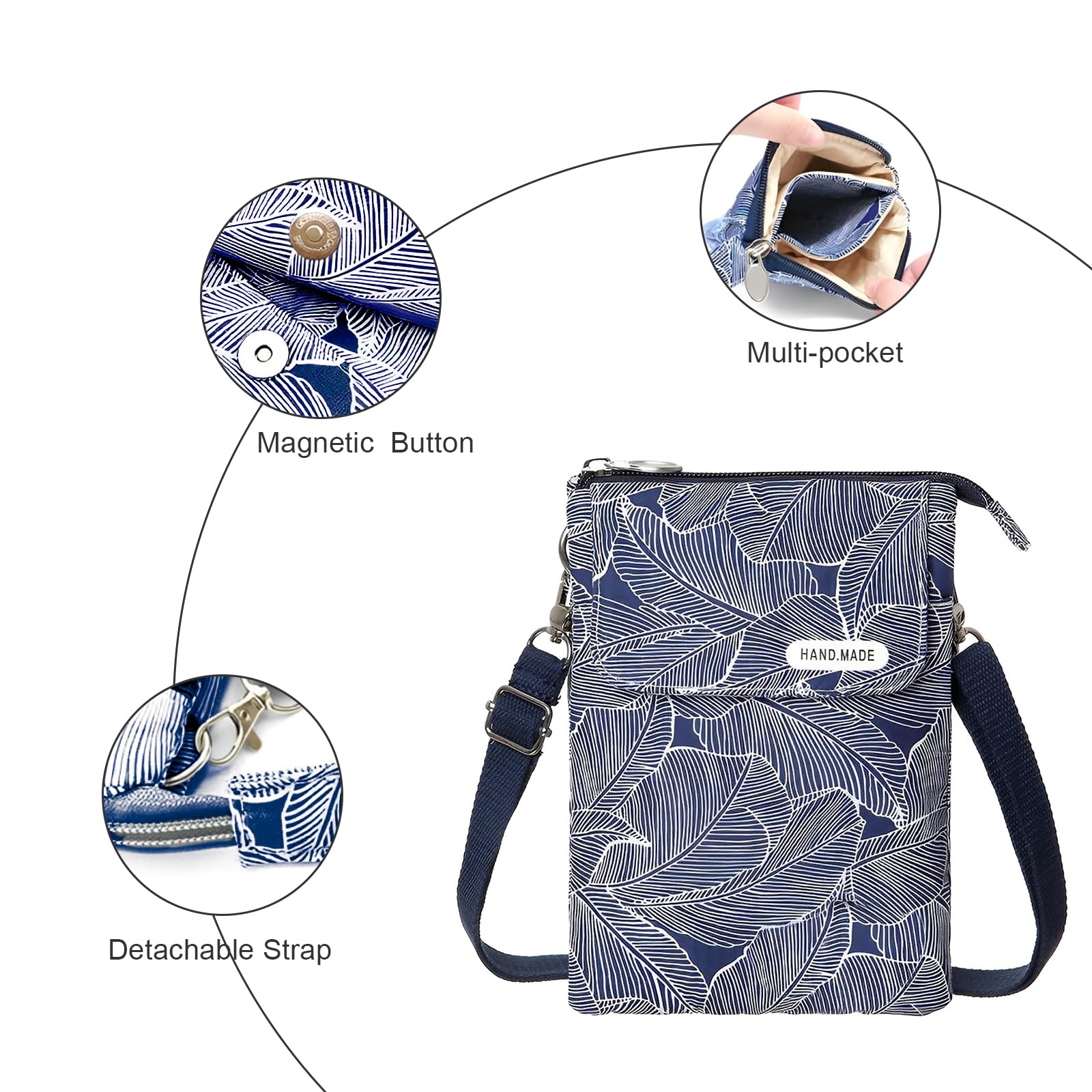 WITERY Leaf Pattern Canvas Crossbody Phone Purse for Women - Lightweight Small Wallet Bag with Adjustable Strap, Perfect for Daily Use, Travel, and Shopping