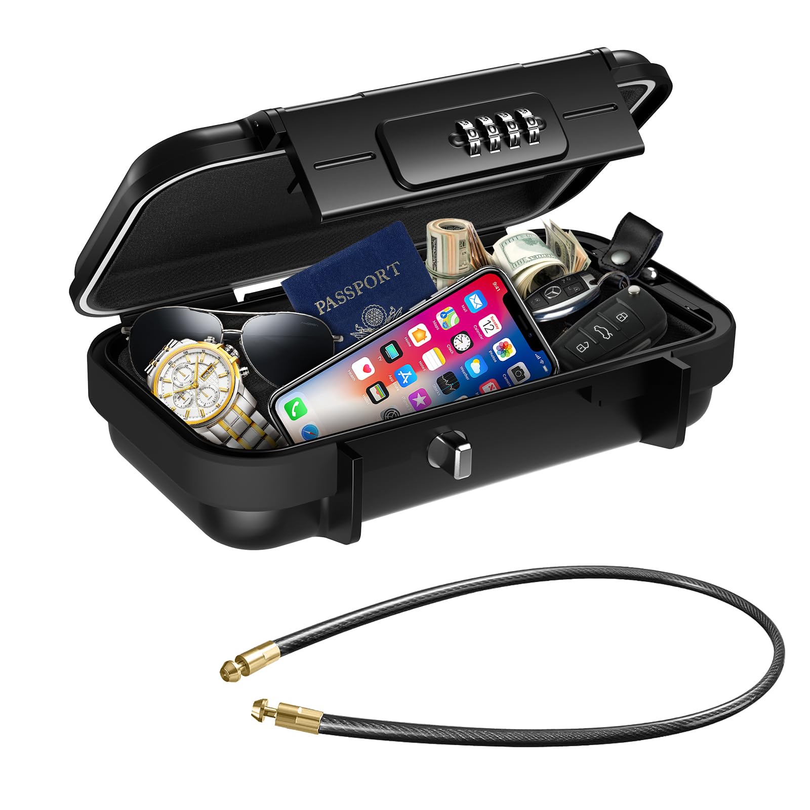 Portable Travel Safe Box with Combination Lock - Waterproof Anti-Theft Security Case for Beach, Office, Hotel & Car - Includes Removable Wire Rope for Secure Storage of Valuables, Cash & Jewelry While Traveling or at Home