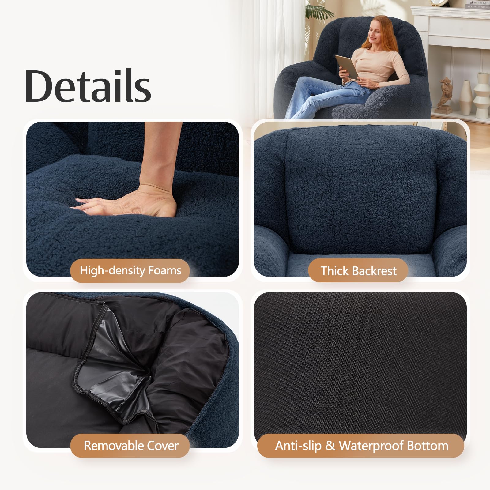 Homguava Oversized Bean Bag Chair for Adults - Giant Bean Bag Sofa with Included Filler, Modern Comfortable Lounger for Living Room, Bedroom & Game Room (Blue) - Perfect for Relaxing, Gaming & Movie Nights