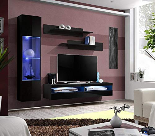 Modern Wall-Mounted TV Stand Entertainment Center with Storage Shelves & LED Lights - G3 35TV Console for Bedroom & Living Room - Black Meble Furniture - Perfect for Home Theater Setup & Space-Saving Organization