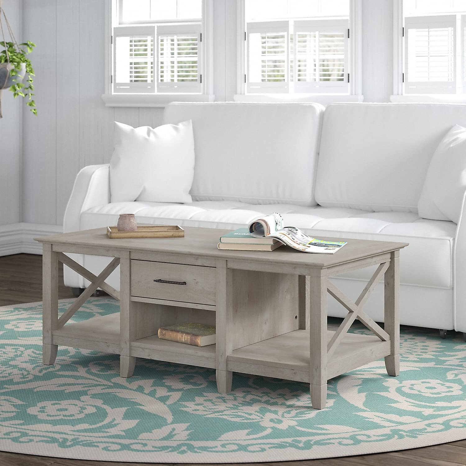 Bush Furniture Key West Coffee Table with Storage & End Table Set, Washed Gray - Modern Living Room Furniture with Hidden Storage for Home Decor