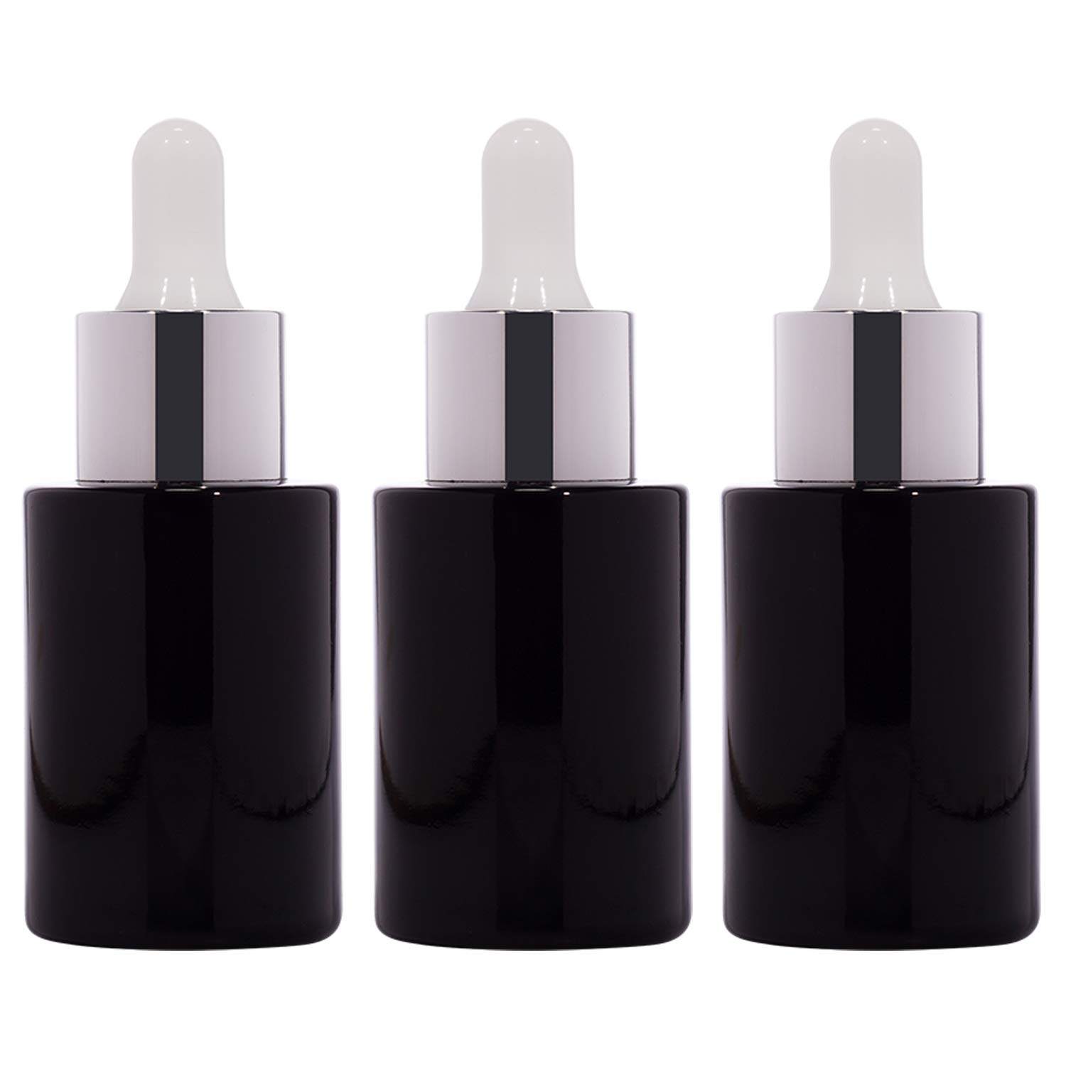Rentra S.P.A 30ml Glossy Black Round Flat Neck Glass Bottle with Glass Dropper, Silver Ring & White Silicone Teat - Perfect for Essential Oils, DIY Beauty Products & Home Decor