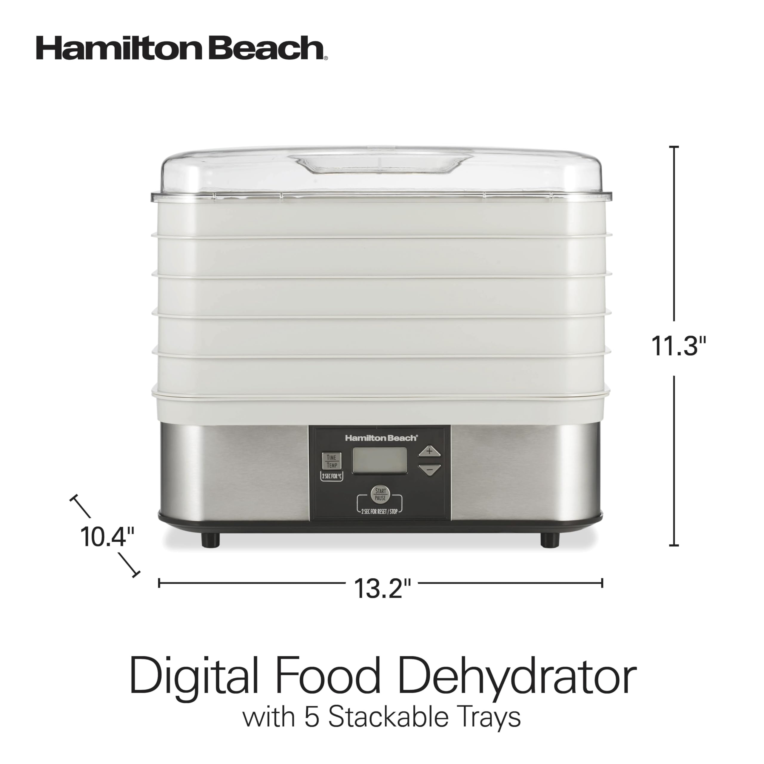 Hamilton Beach 5-Tray Digital Food Dehydrator for Fruits, Jerky & Vegetables - Adjustable Temperature Control with 48-Hour Timer & Auto Shutoff - Perfect for Healthy Snacks, Camping Food Prep & Long-Term Food Storage (Model 32100A, Grey)