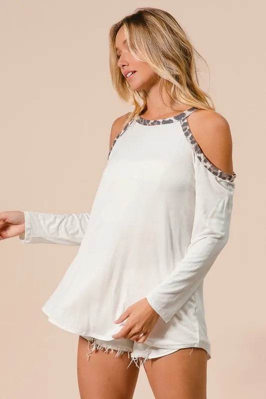 Stylish BiBi Jersey Knit Cold Shoulder Top with Leopard Print Neckline - Trendy Women's Fashion for Casual Outings & Date Nights