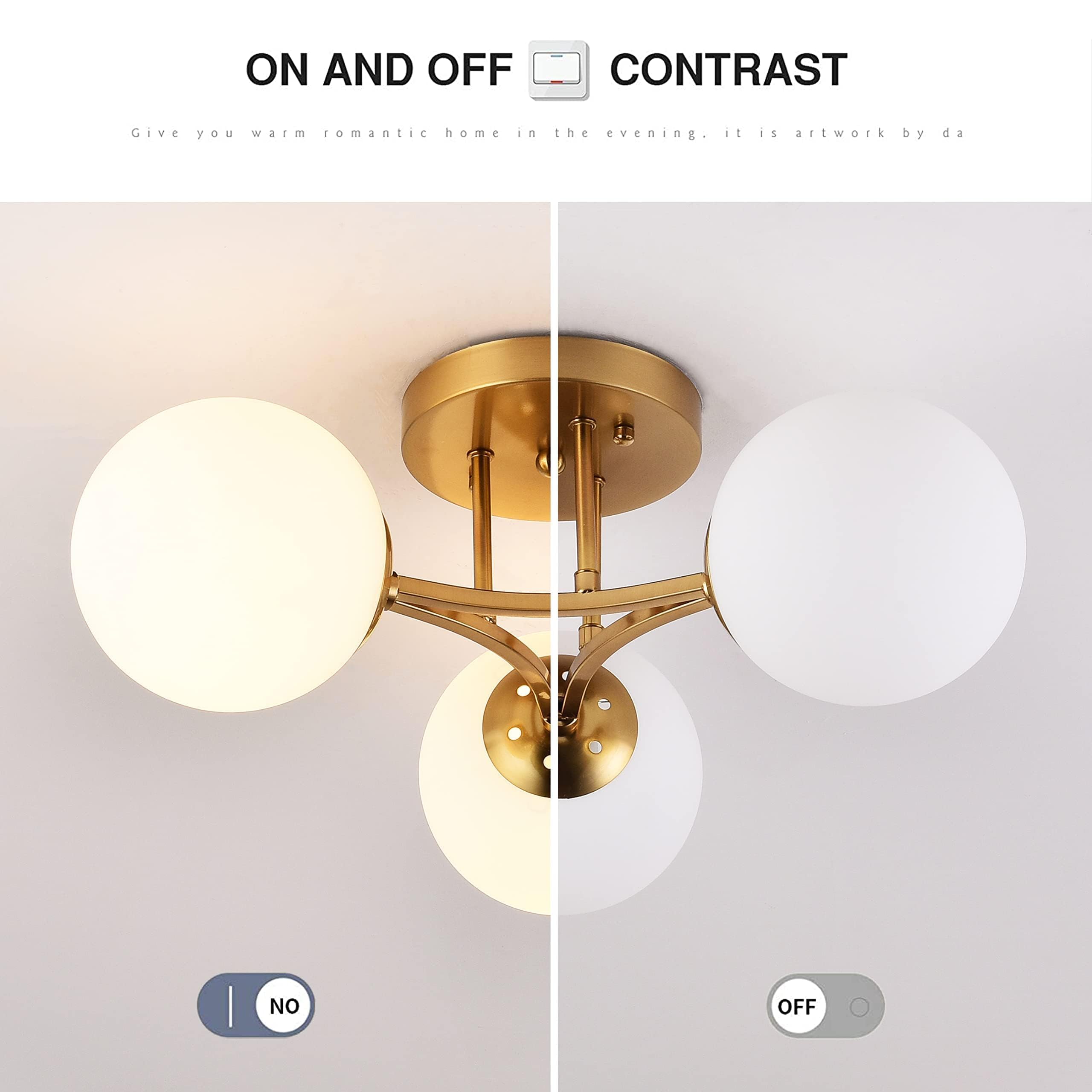 3-Light Mid Century Modern Semi Flush Mount Ceiling Light - Gold Sputnik Chandelier with Milk Glass Shade - Perfect for Living Room, Dining Room & Bedroom Lighting