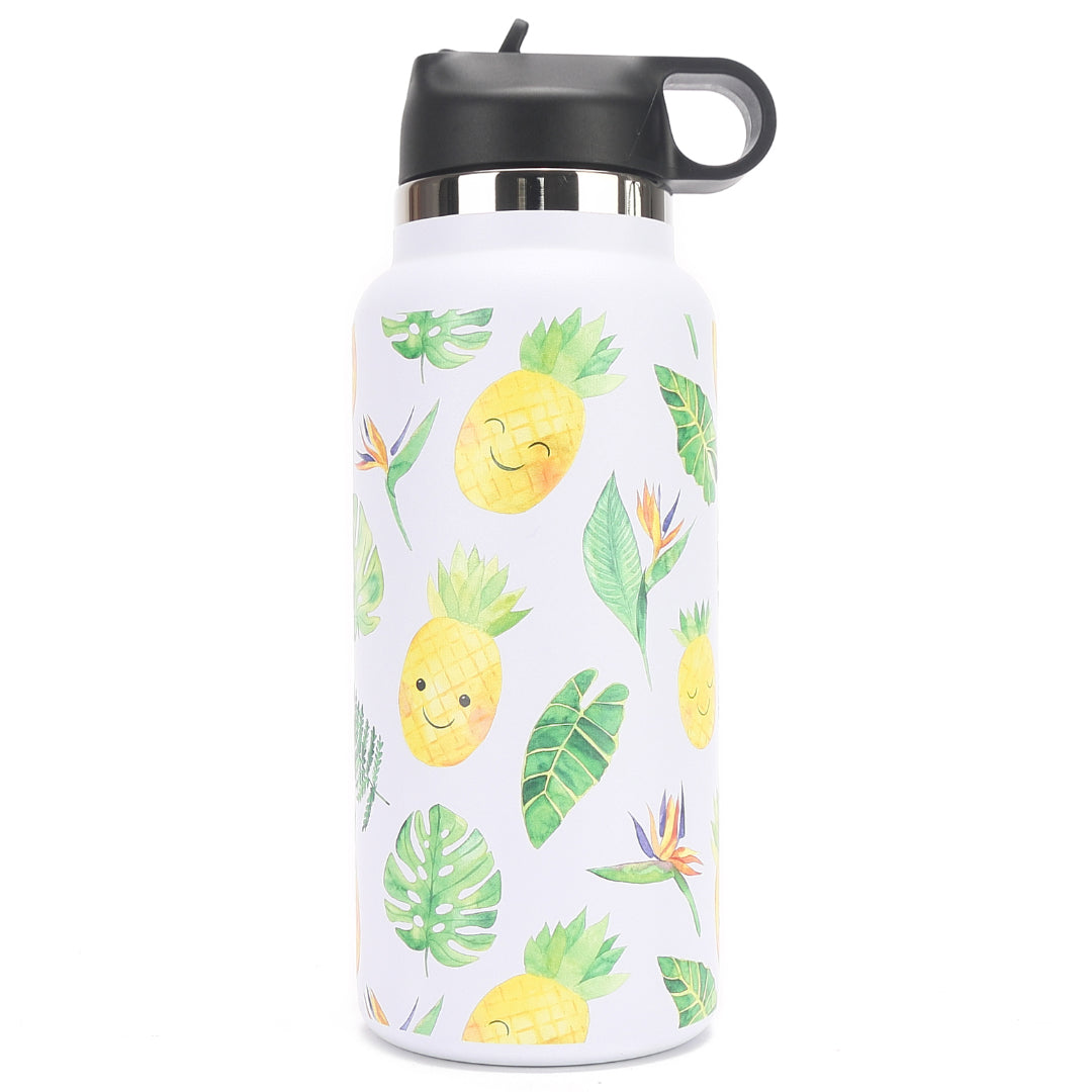 32oz Insulated Stainless Steel Water Bottle with Pineapple Monstera Design - Keeps Drinks Cold for 24 Hours & Hot for 12 Hours - Perfect for Gym, Hiking, Office & Outdoor Activities