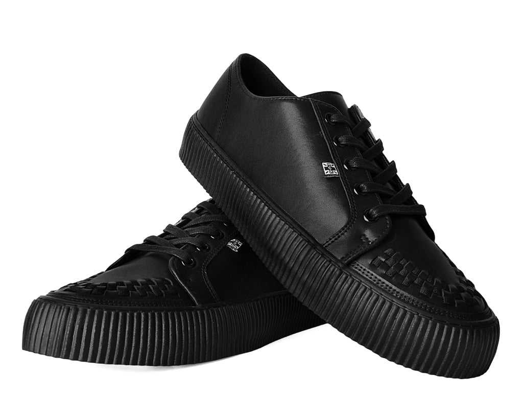 Black Leather Lace Up Creeper Sneakers for Men & Women - Vintage Punk Goth Style Shoes for Casual Wear & Street Fashion