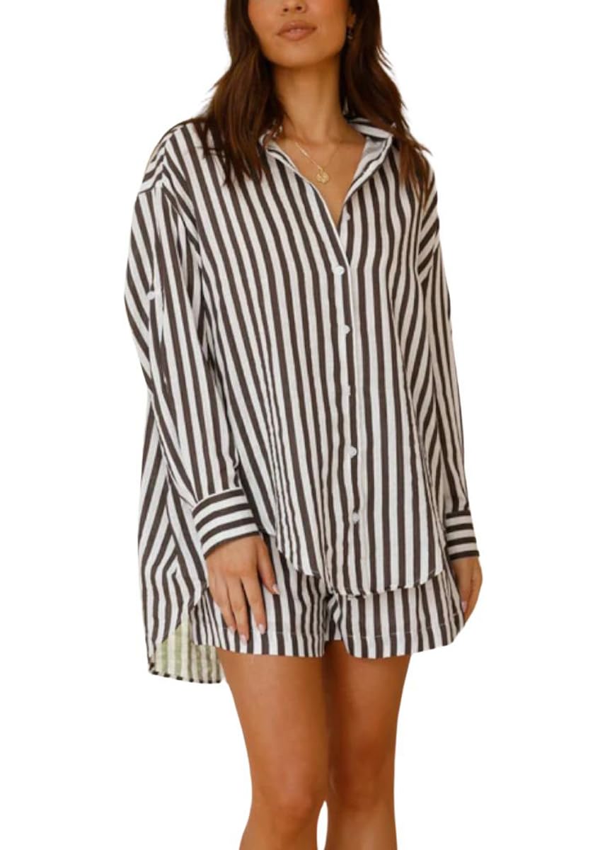 Chouyatou Women's 2-Piece Lounge Set - Striped Button Down Shirt & Shorts Pajama Set | Soft Sleepwear for Women | Perfect for Lounging, Sleeping & Relaxing at Home