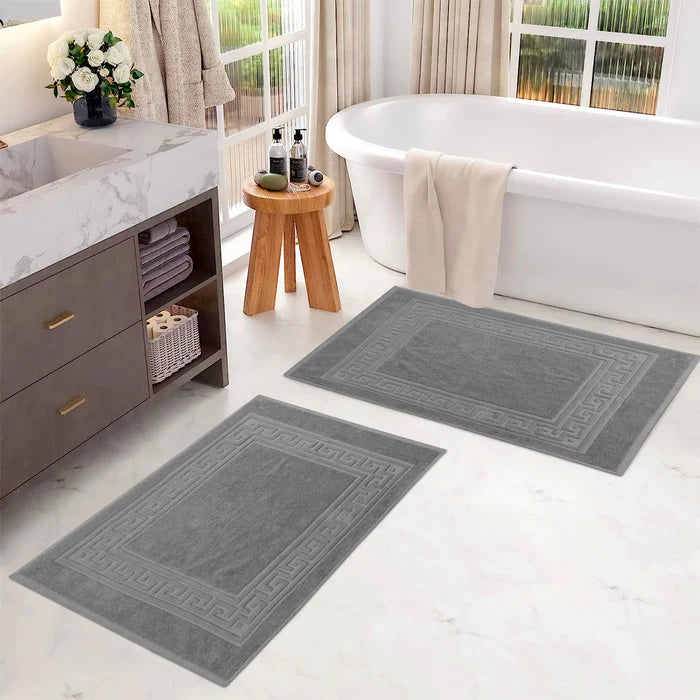 Premium Cotton 2-Piece Greek Key Border Bath Mat Set - Ultra Absorbent, Non-Slip - Perfect for Bathroom, Spa & Luxury Home Decor