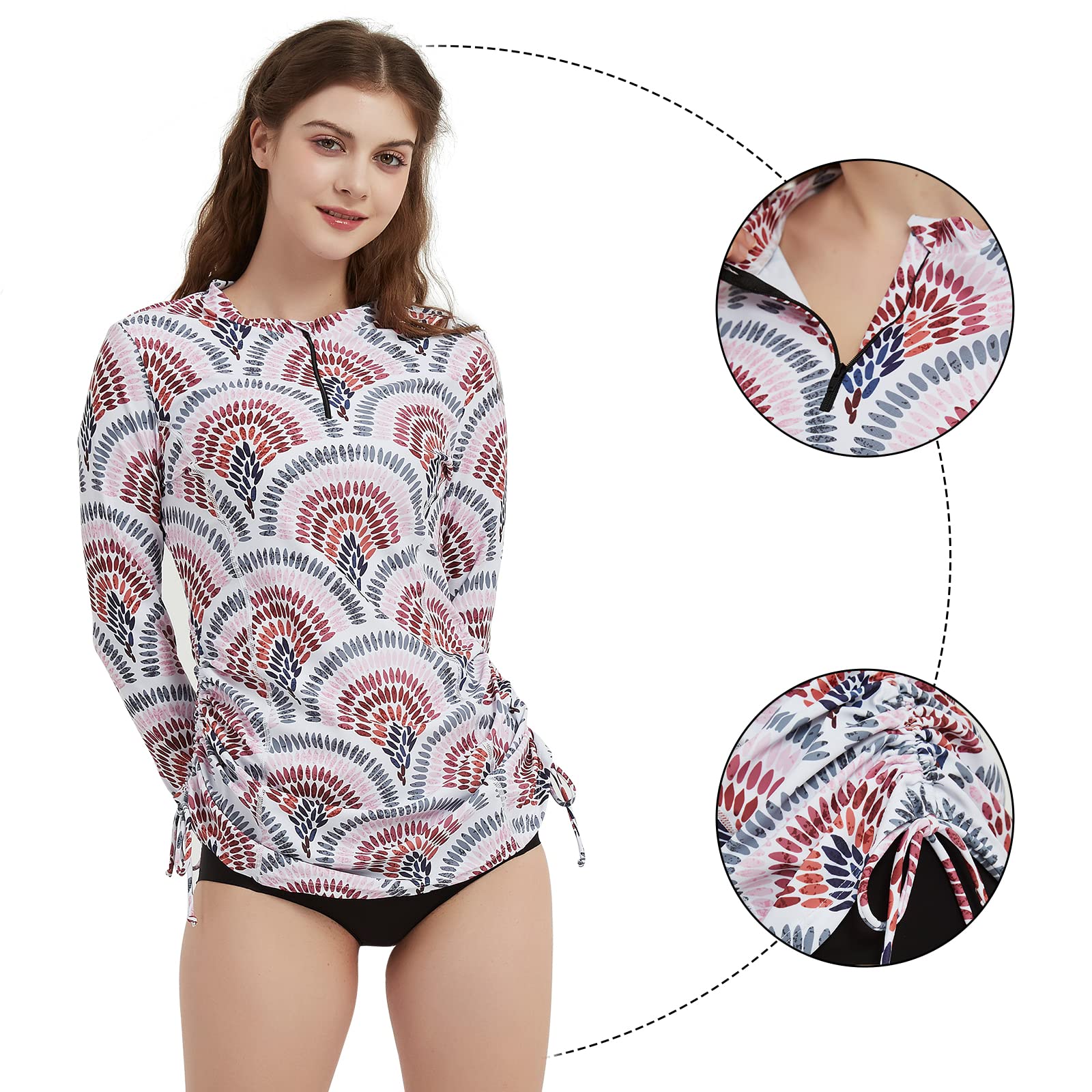 Women's Long Sleeve Rash Guard UPF 50+ Sun Protection Swim Shirt - Half Zip Adjustable Swimsuit Top for Surfing, Swimming & Beach Activities
