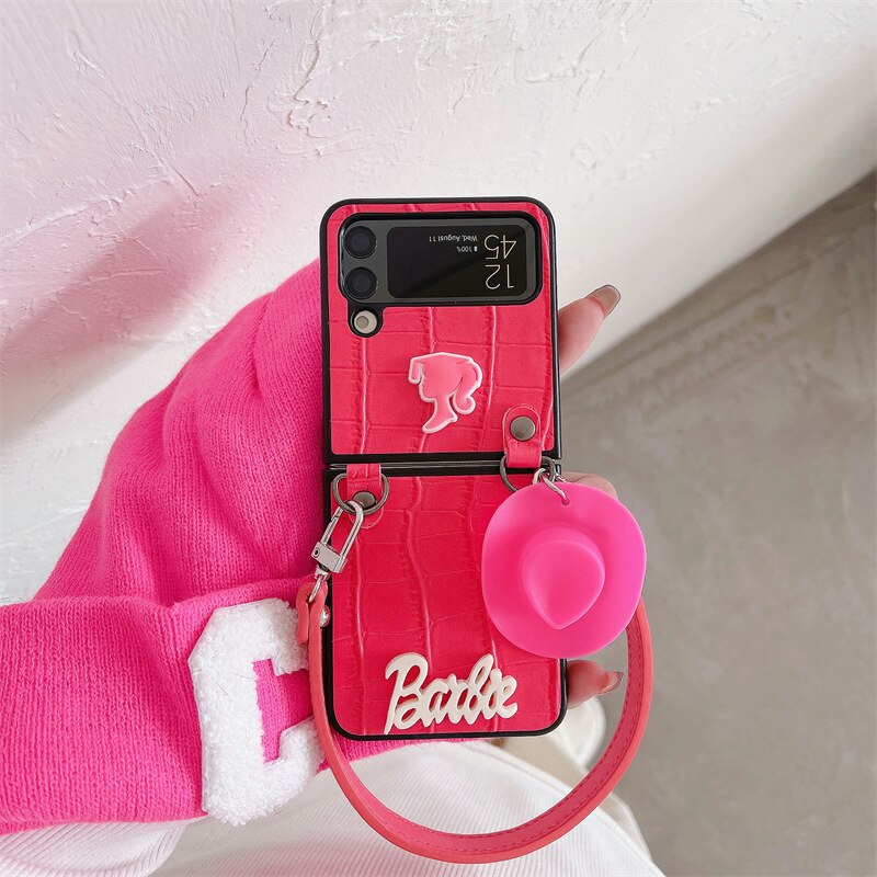Barbie Fashion Leather Phone Case for Samsung Galaxy Z Flip 3/4 - Stylish Women's Smartphone Cover with Keychain, Perfect Gift for Her - Ideal for Daily Use, Work, and Travel