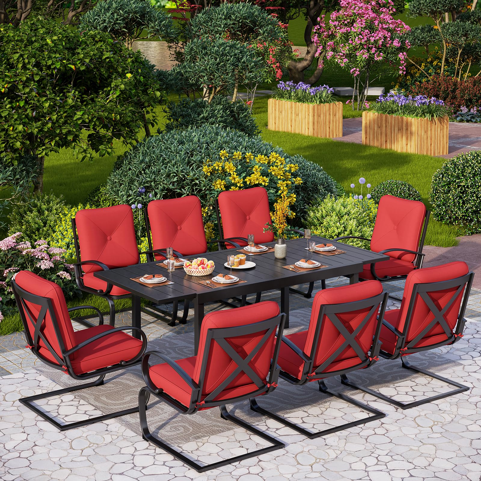 PHI VILLA 9-Piece Patio Dining Set with 8 Spring Motion Cushioned Chairs & Extendable Metal Table - Waterproof Outdoor Furniture for Garden, Backyard, Poolside & Patio (Red) - Perfect for Entertaining, Dining Al Fresco & Relaxing Outdoors