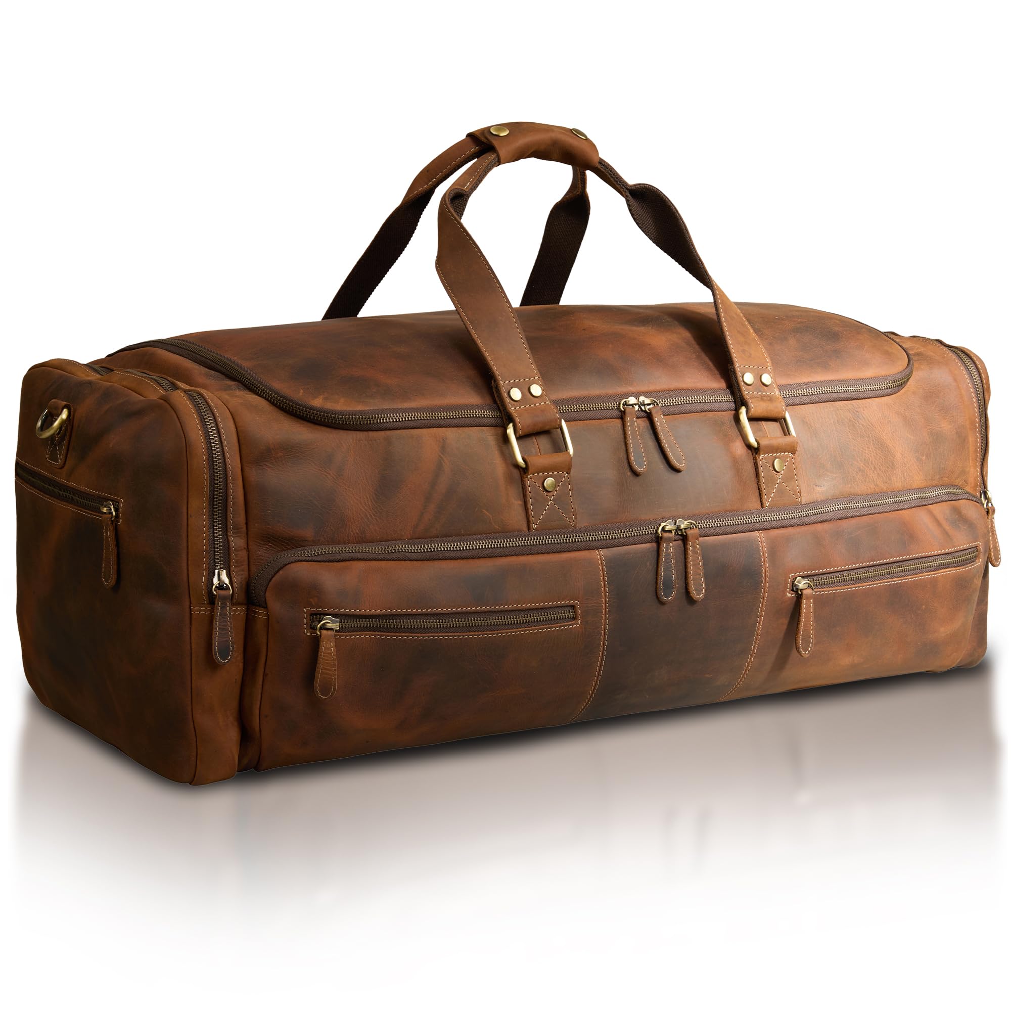 Luxorro Full Grain Leather Duffel Bag for Men - 30 Inch Vintage Brown Travel Duffle Bag, Overnight Weekender Bag for Outdoor Adventures, Business Trips & Gym Use