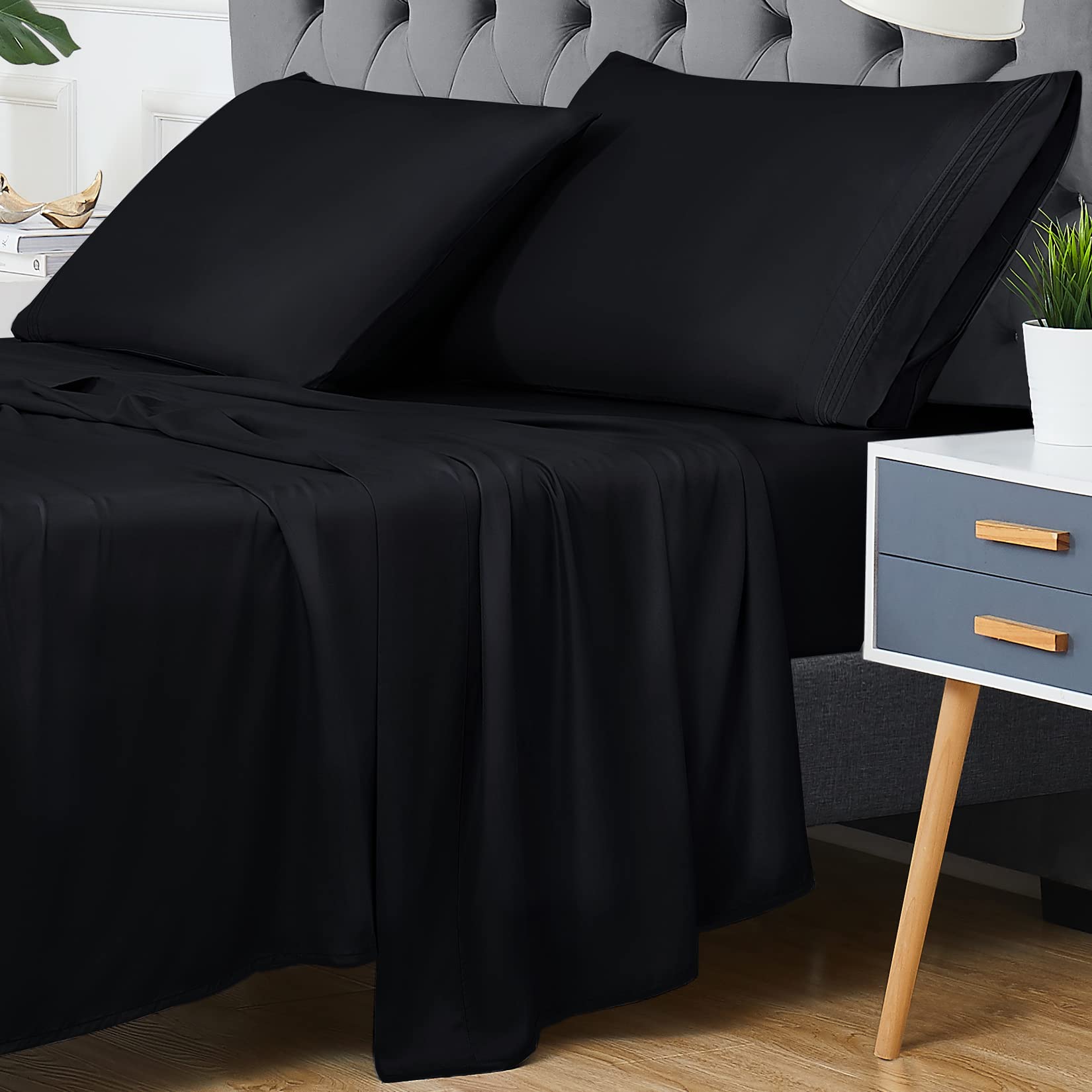 CAROMIO King Size Bamboo Sheets Set - 4 PC Cooling Bed Sheets with Deep Pocket for Hot Sleepers | Super Soft, Breathable & Comfortable Luxury Bedding (Black, King) | Perfect for Summer Nights & Temperature Regulation