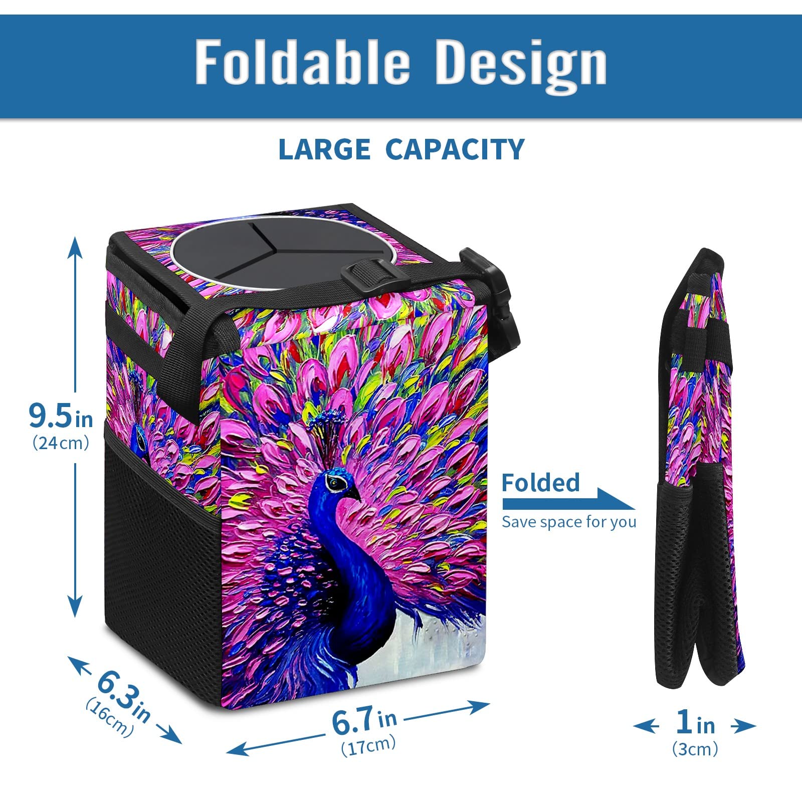 Collapsible Reusable Waterproof Car Trash Can with Lid - Peacock Design Auto Garbage Bin for Car, Truck & SUV Interior Organization | Perfect for Road Trips, Commuting & Family Travel