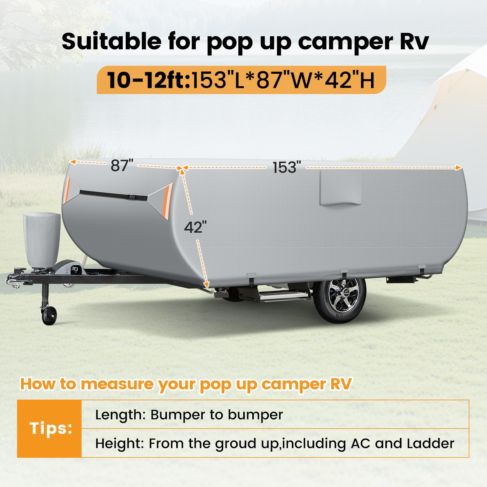 Heavy Duty Waterproof Pop Up Camper Cover - Ripstop Fabric with 3 Adjustable Bottom Straps, UV Protection & Windproof Design for All Season Use - Fits 10' to 12' Trailers - Perfect for Outdoor Storage, Camping Trips & RV Protection