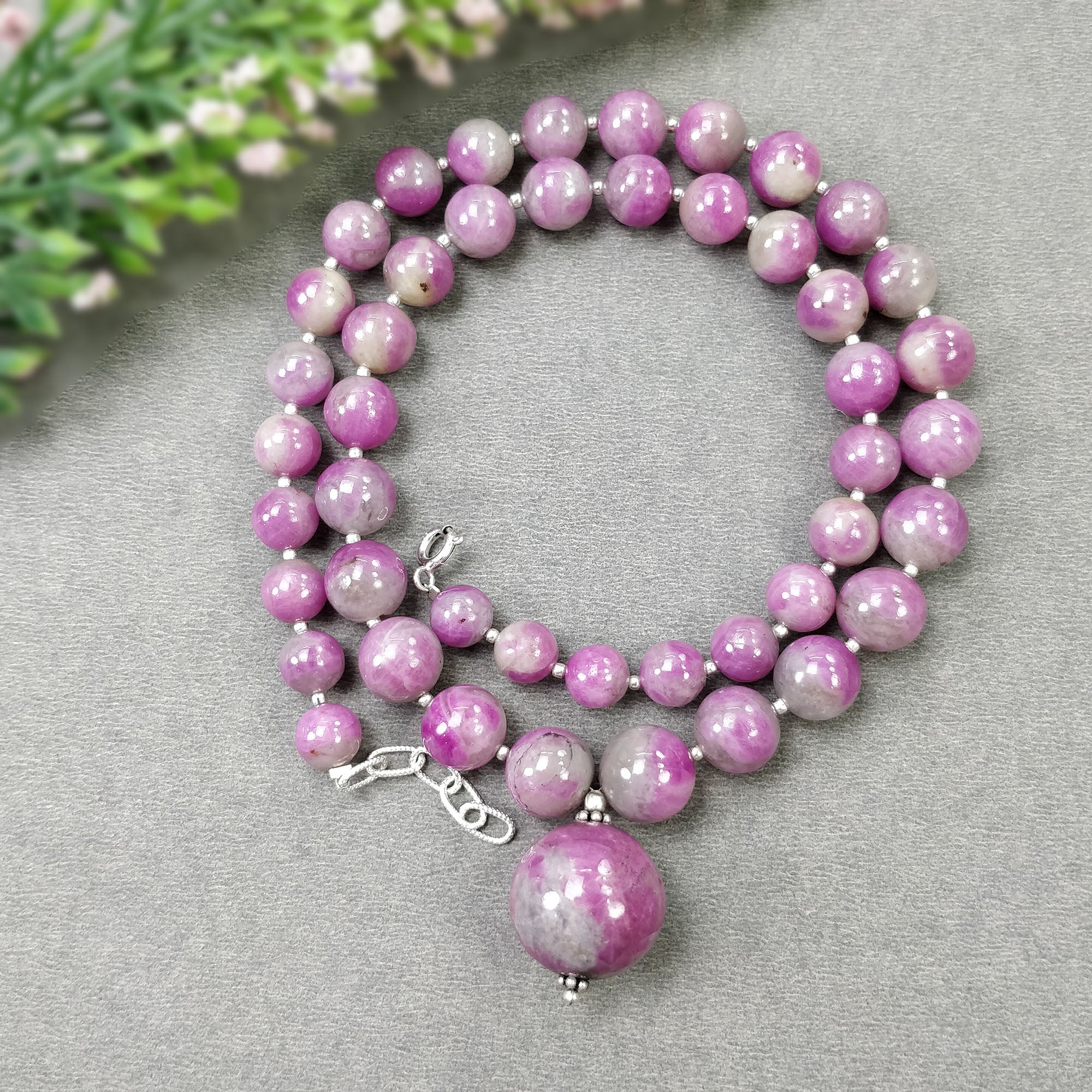 Natural Untreated Bi-Color Zoisite Ruby Gemstone Necklace - 341.95cts with 925 Sterling Silver (7.5mm, 17mm, 19mm) | Elegant Jewelry for Women, Perfect for Weddings, Parties & Special Occasions