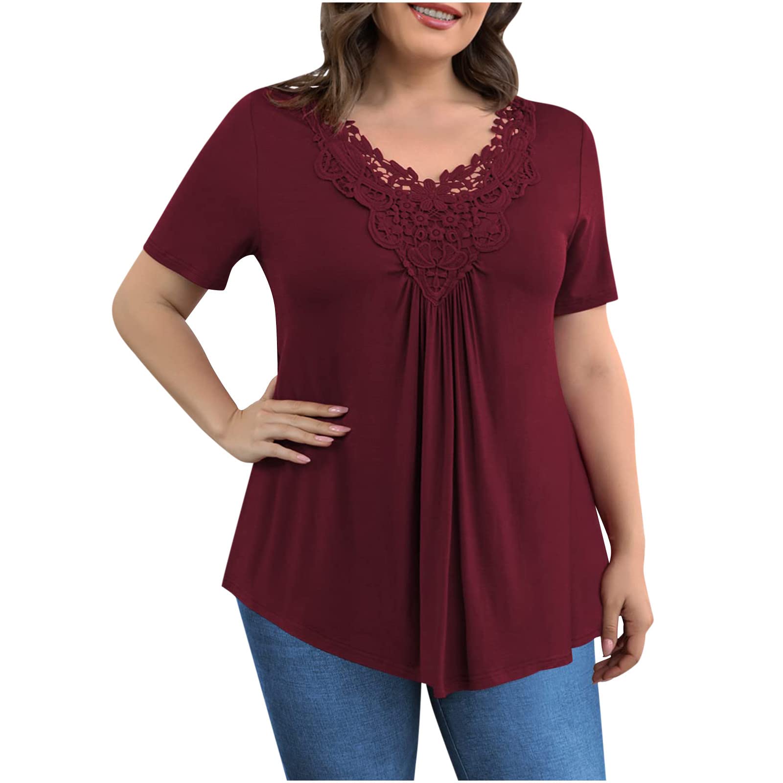 Women's Summer Short Sleeve V-Neck Lace Blouse - Flowy Tunic Top in Solid Colors | Plus Size Casual Loose Tee for Beach, Office & Everyday Wear