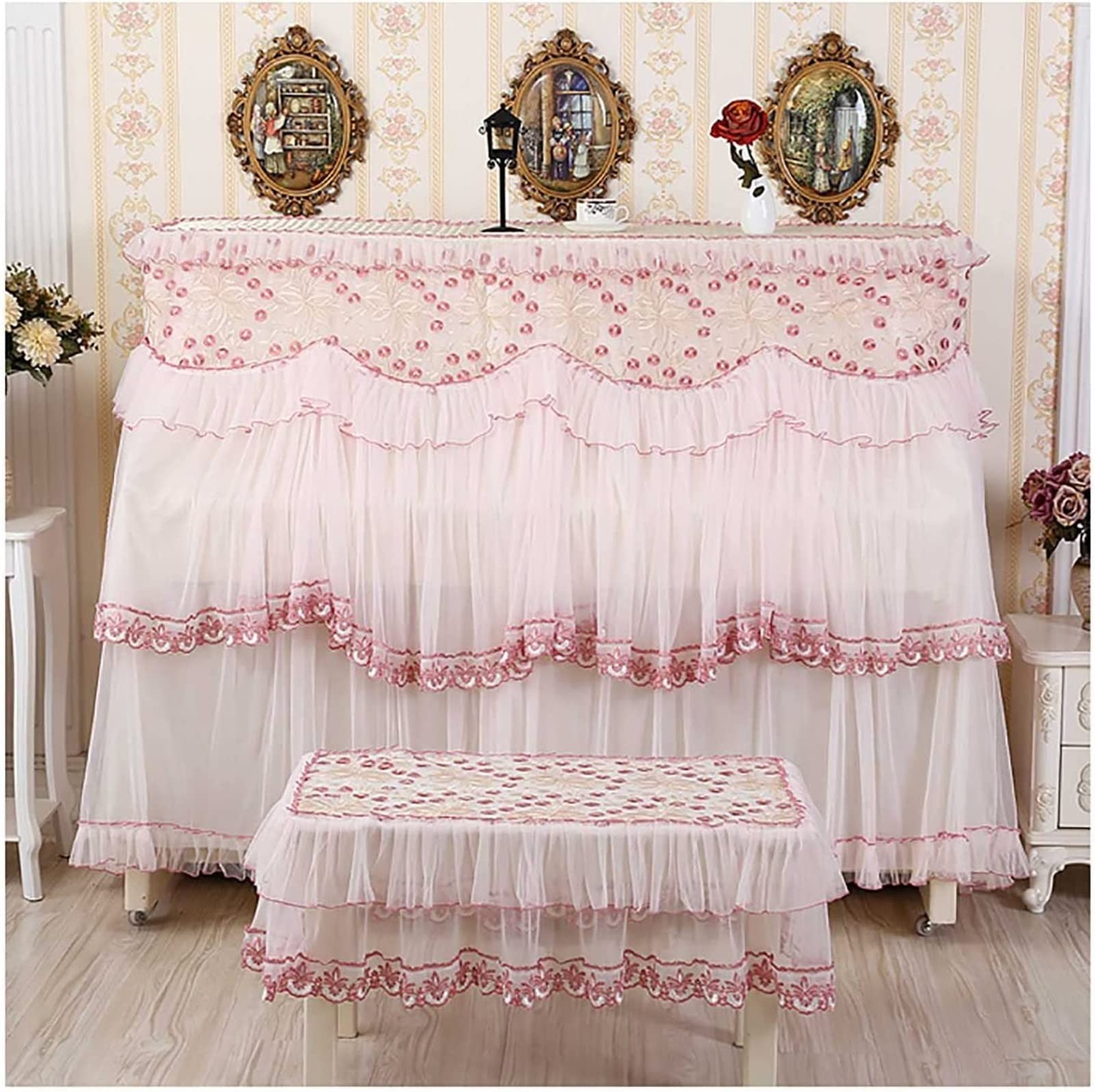 Premium Universal Piano Cover with High-Grade Lace Embroidery - Full Protection for Upright Pianos & Matching Stools (Single/Double Stool Options) - Perfect for Home Decor, Music Studios, and Piano Protection