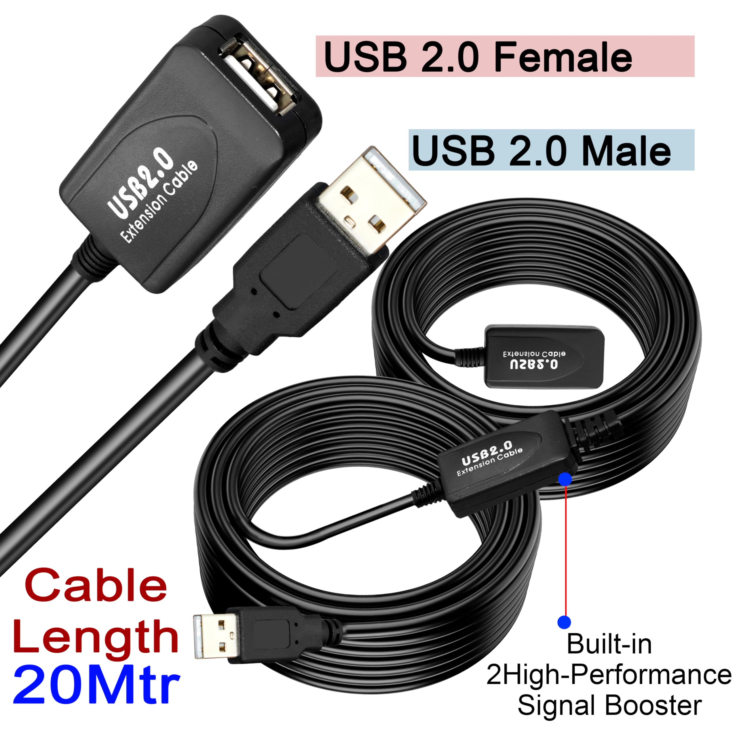 Storite 20M Active USB 2.0 Extension Cable Male to Female with Aluminum Platinum Layer (4.5V Min) - Compatible with Printers, Cameras, Webcams - Perfect for Home Office, Gaming Setup & Smart Devices Connectivity