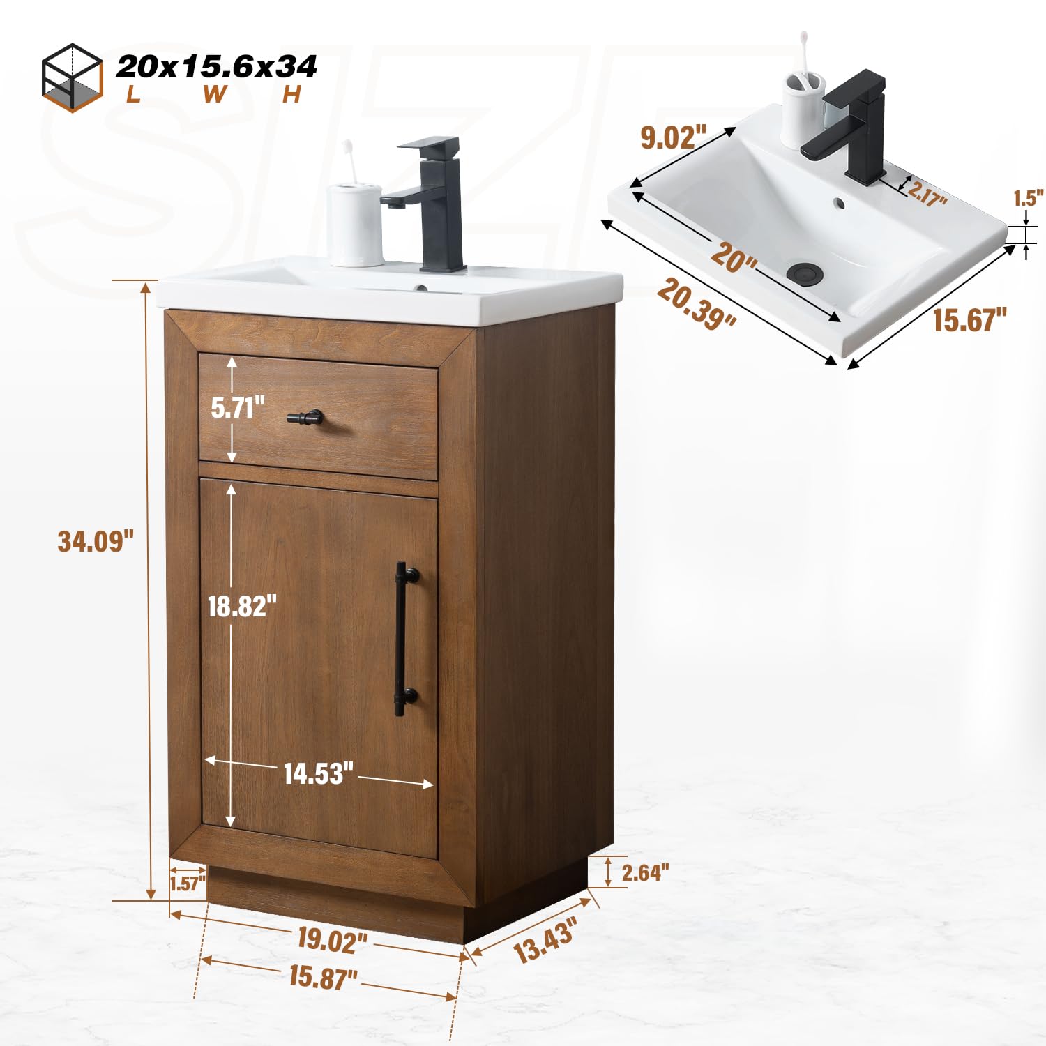 Vanity Art 20 Inch Modern Bathroom Vanity with Ceramic Sink & Marble Top - Small Wood Vanity Cabinet with Doors, Removable Shelf & Solid Wood Frame (Tan VA7020) - Perfect for Small Bathrooms, Powder Rooms & Apartment Makeovers