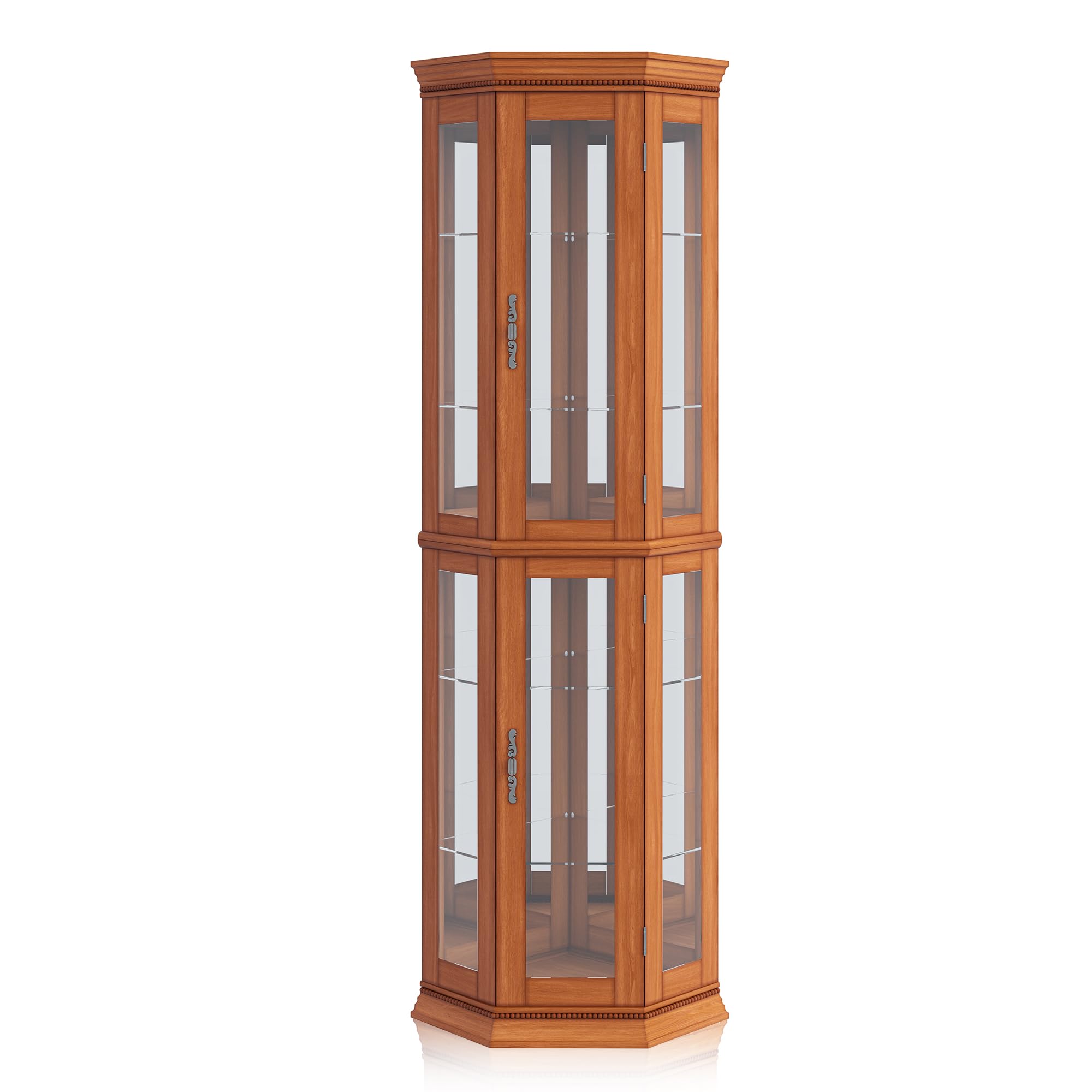 BELLEZE Lighted 3-Side Glass Display Curio Cabinet with Tempered Glass Doors & Shelves, Wooden Corner Cabinet with LED Bulbs - Perfect for Living Room Decor, Showcasing Collectibles, China, or Antiques