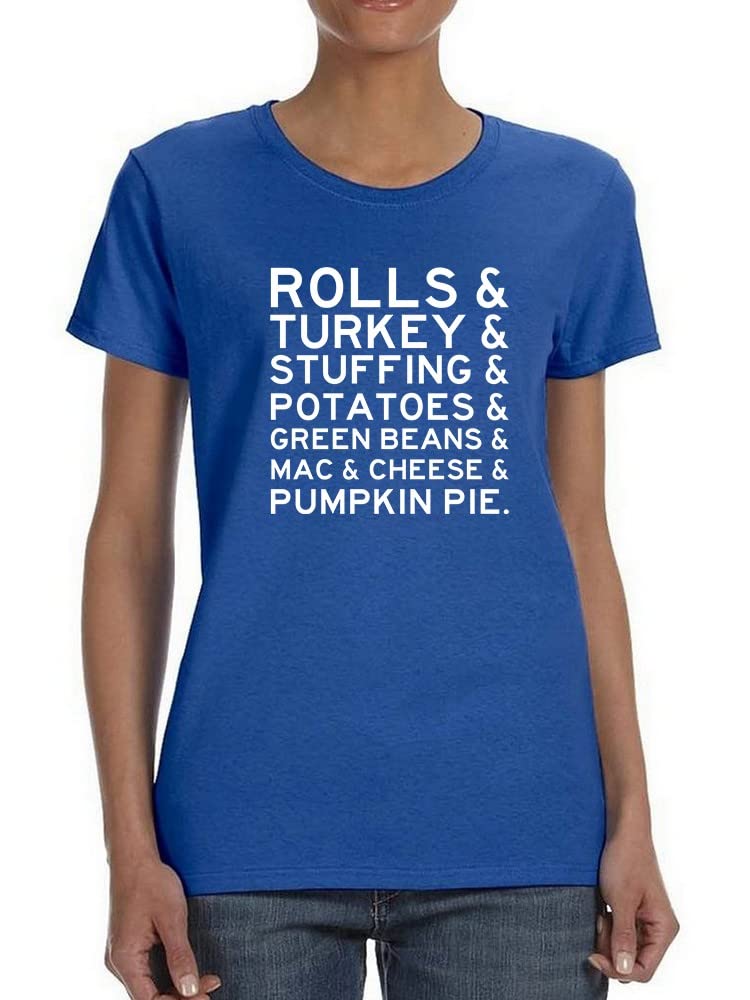 Thanksgiving Women's Blue T-Shirt with Rolls, Turkey, Stuffing & Potatoes Design - Perfect for Holiday Parties & Family Gatherings