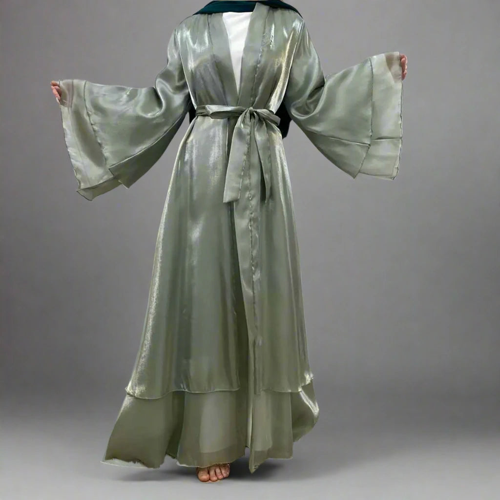 Elegant Double Layer Satin Open Abaya Dress for Women - Modest Muslim Prayer Dress for Mosque, Eid & Special Occasions
