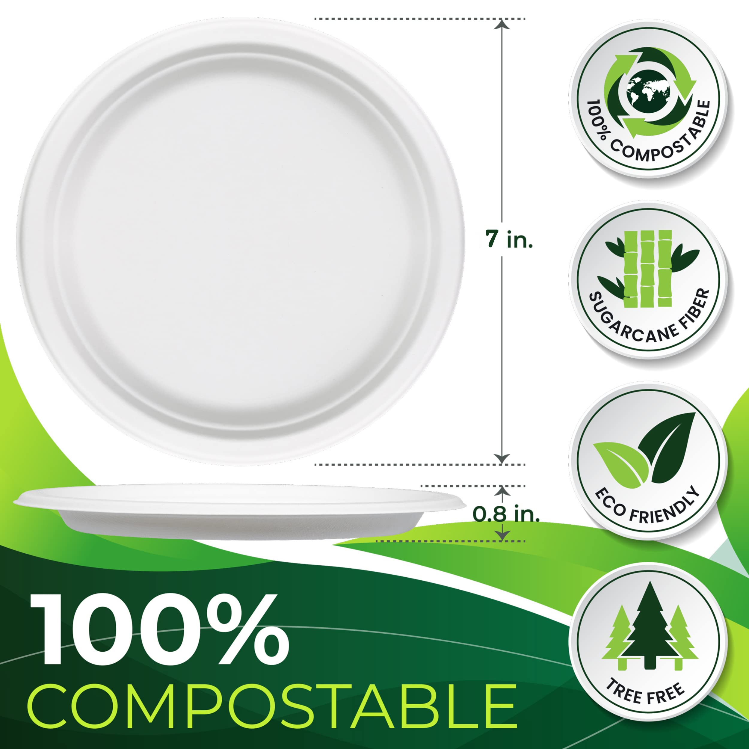 150pcs 100% Compostable 7-Inch Small Paper Plates | Heavy Duty Eco-Friendly Appetizer & Dessert Plates | Biodegradable Sugarcane Fiber | Perfect for Parties, Picnics & Sustainable Events
