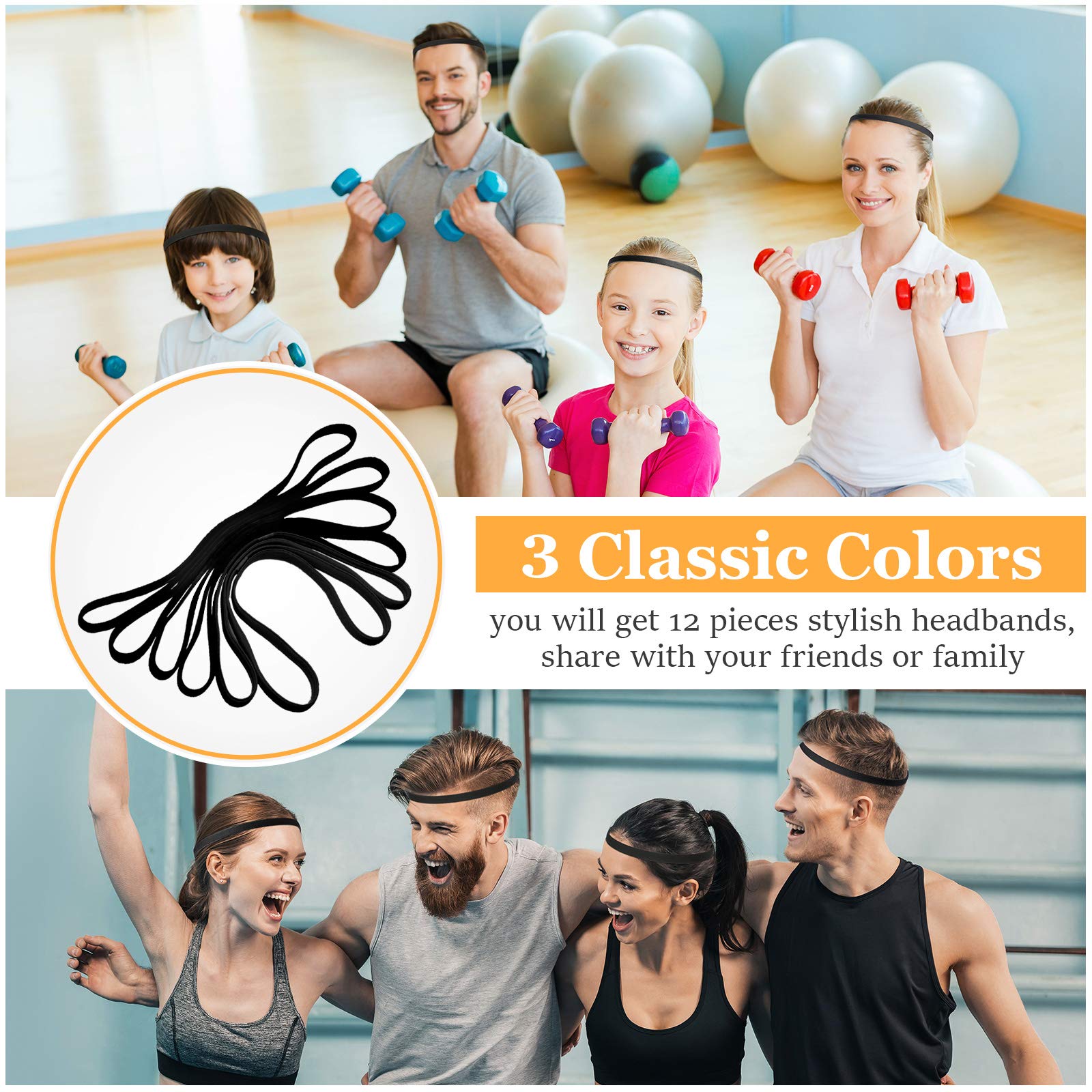 WILLBOND 12 Pack Non-Slip Elastic Sports Headbands for Men & Women - Sweat Absorbing Workout Hair Bands with Silicone Grip for Running, Yoga, Basketball, Tennis & Football (Black) | Perfect for Gym, Sports & Active Lifestyle