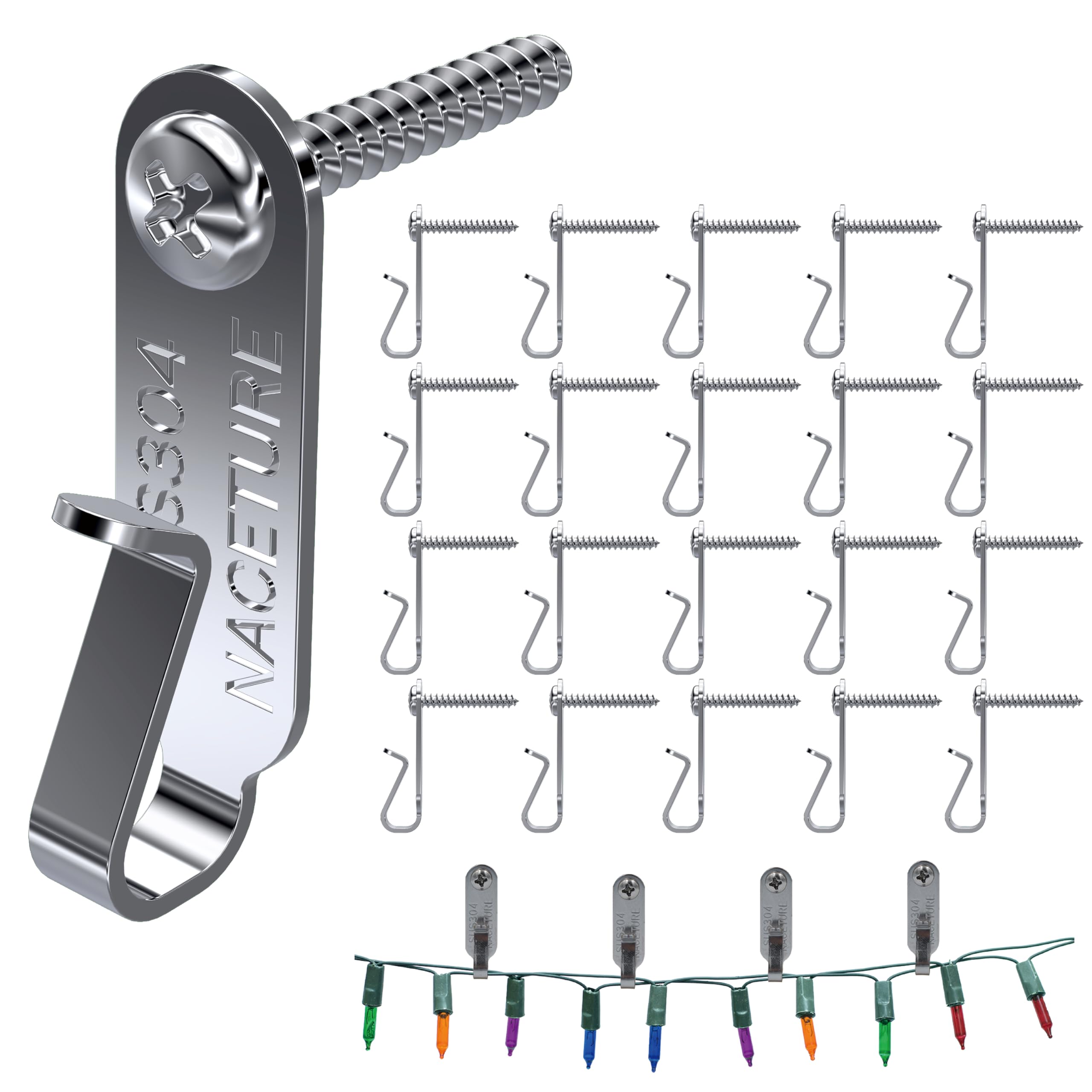 Stainless Steel String Light Hanger Hooks - 20 Pack Outdoor Screw Hooks for Christmas LED Lights, Fairy Lights & Party Decorations - Perfect for Patio, Garden, Wedding and Holiday Lighting