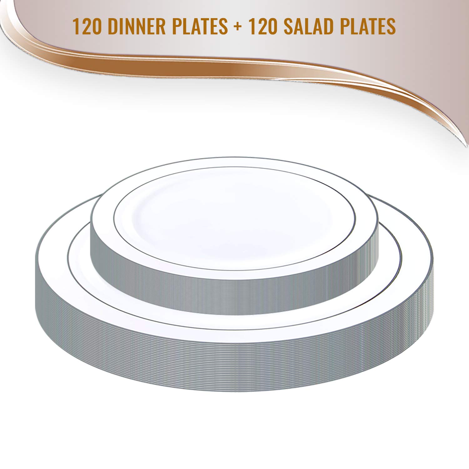 Premium 240-Pack Disposable Plastic Plates - 120 Heavy Duty White Silver-Rimmed Dinner Plates & 120 Elegant Dessert Plates for Wedding, Birthday Party, Catering & Events - Durable Party Tableware for Indoor/Outdoor Use
