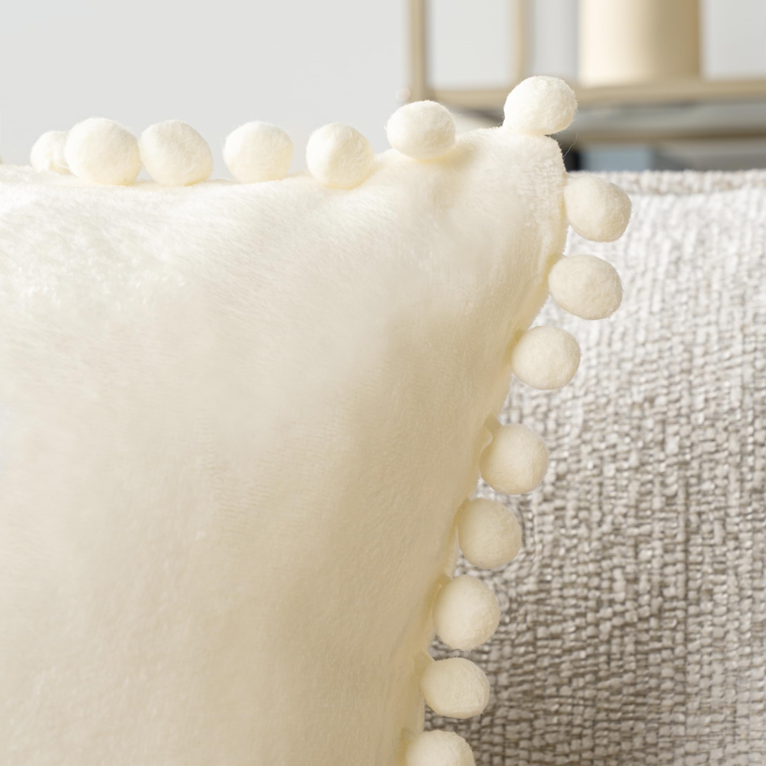 PAVILIA 18x18 Inch Cream Beige Velvet Throw Pillow Covers Set of 2 - Soft Plush Euro Square Decorative Cushion Cases with Pom Pom Trim for Sofa, Couch, Bed & Living Room - Cozy Home Decor & Aesthetic Bedroom Accent