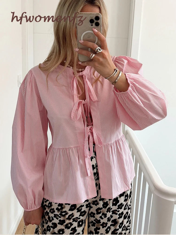 Elegant Striped Lace-Up Women's Blouse with Chic Bow & Puff Sleeves - O-Neck Hollow Out Design for Spring Summer Casual Wear | Perfect for Street Style, Office Outfits & Date Night Looks