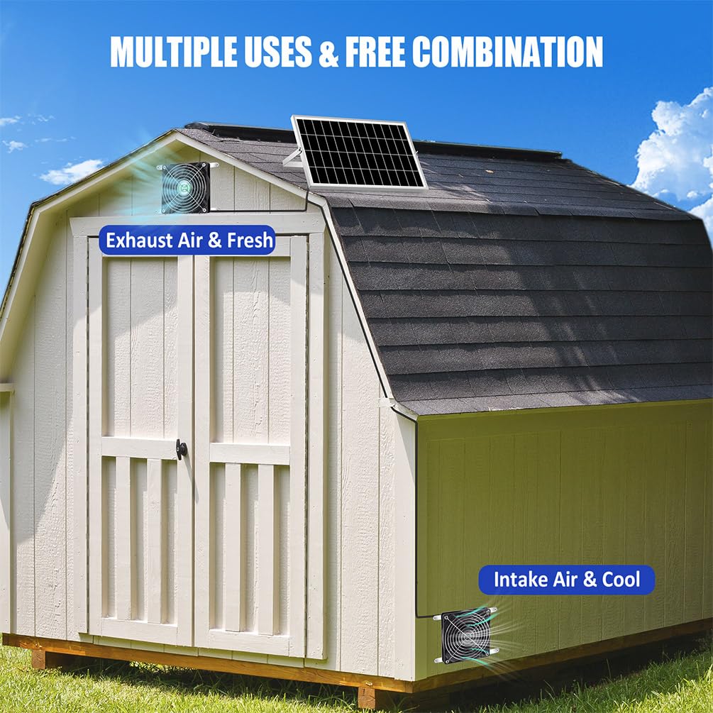 5 Inch Solar Powered Fan - IPX7 Waterproof Dual Exhaust & Intake Fan Kit with 13Ft On/Off Switch - Energy Efficient Cooling Ventilation for Greenhouse, Chicken Coop, Shed, Dog House & Outdoor Use - Perfect for Summer Heat Relief & Air Circulation