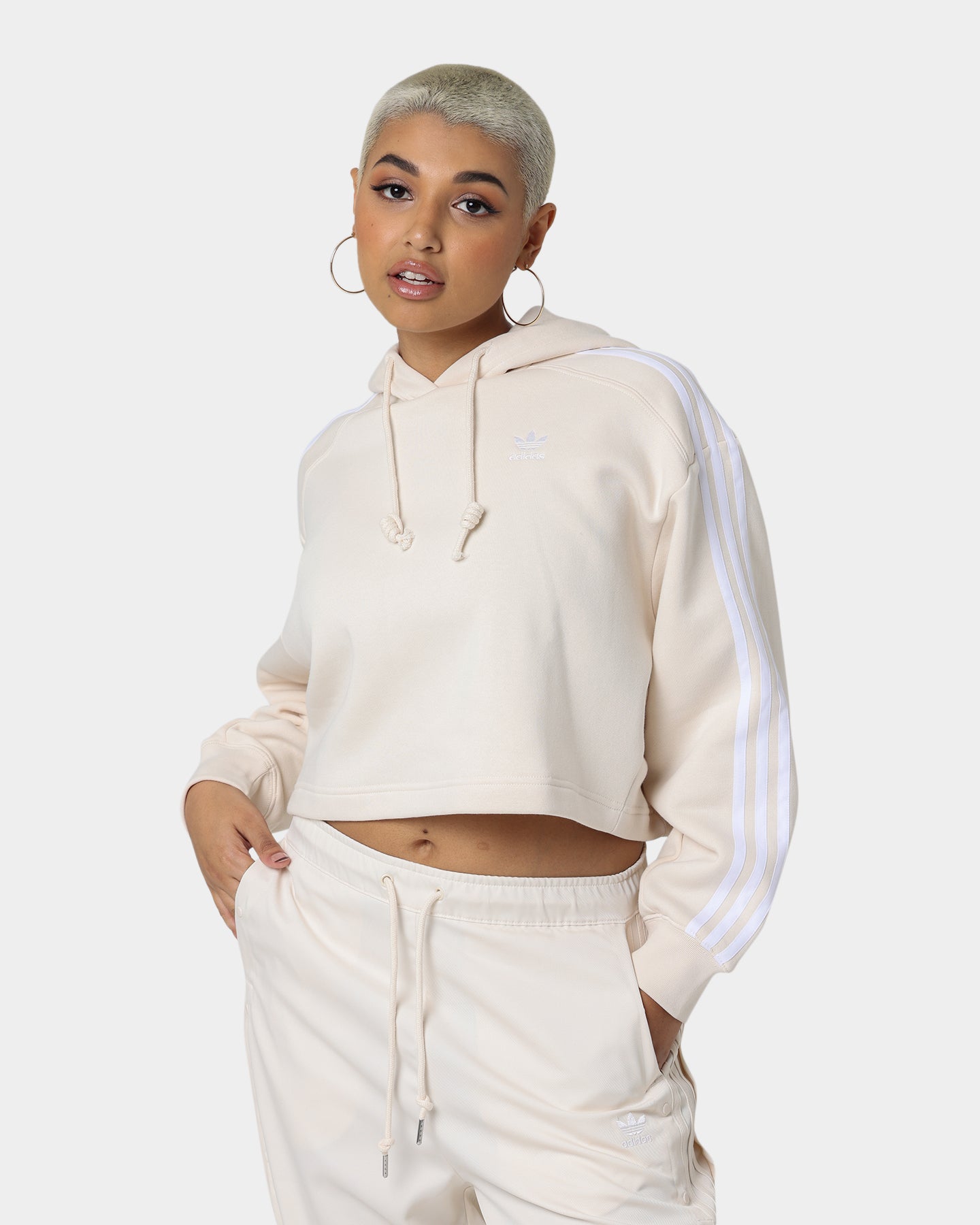 Adidas Women's Short Hoodie - Wonder White | Lightweight Athletic Pullover for Running, Gym & Casual Wear