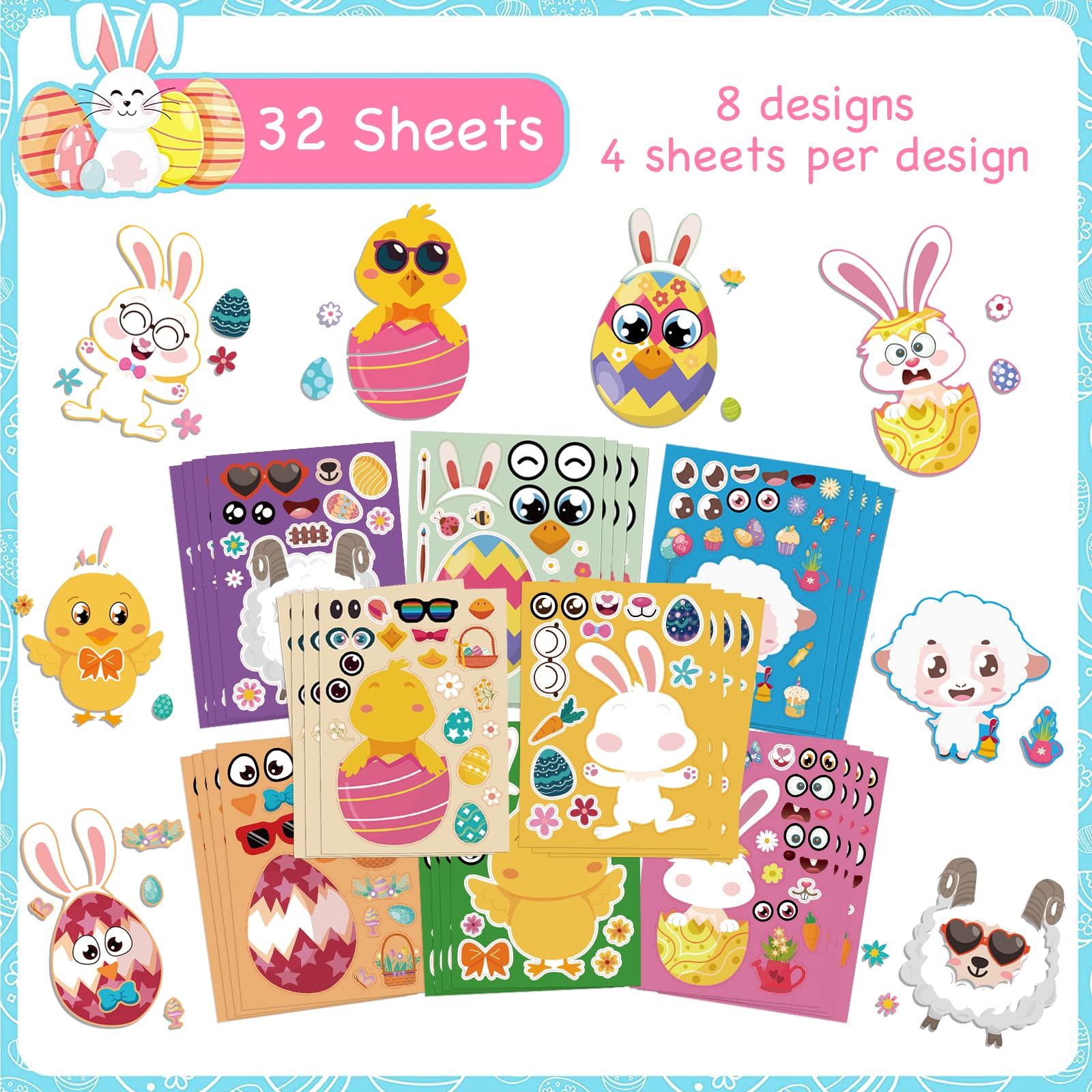 32 Sheets Easter Stickers for Kids - DIY Make-A-Face Farm Animal Stickers with Easter Eggs, Bunnies, Chicks & Sheep - Mix & Match Stickers for Easter Party Favors, Crafts & Home Decor - Perfect for Easter Egg Hunts, Classroom Activities & Gift Bags