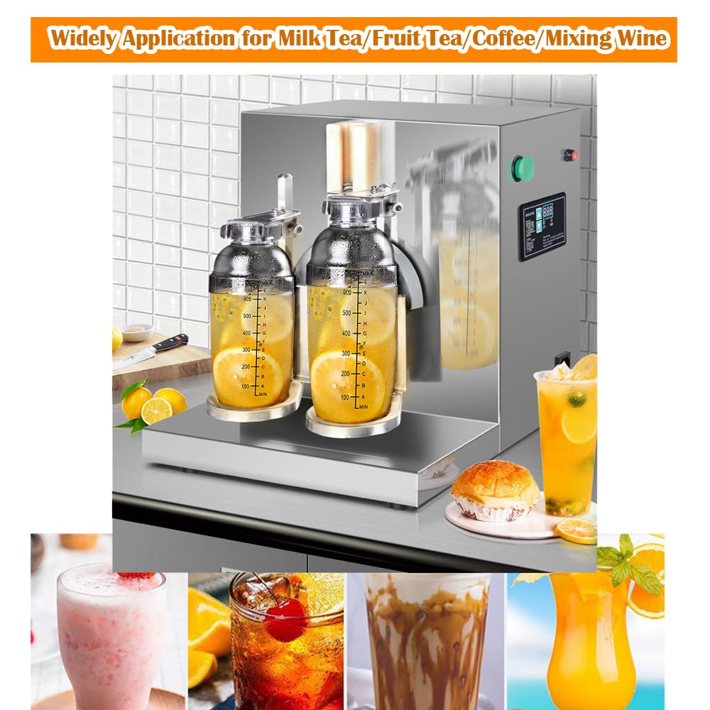 INTBUYING Automatic Bubble Tea Shaker Machine - Dual Station Electric Milk Tea Mixer with 4 Stainless Steel Mugs for Boba, Coffee & Beverages | Perfect for Tea Shops, Cafes & Home Use
