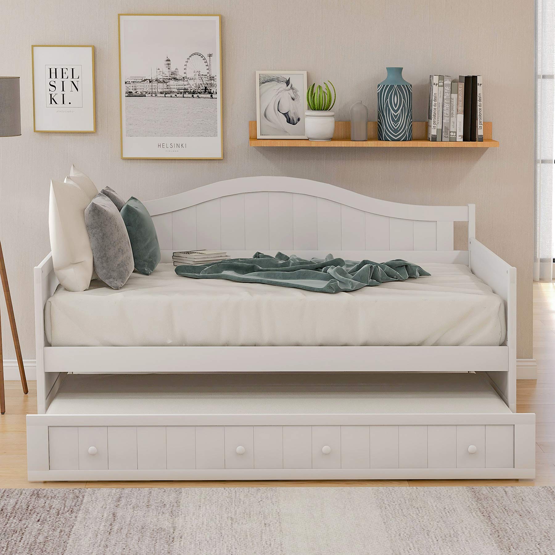 P PURLOVE White Wood Twin Daybed with Trundle - Convertible Sofa Bed Frame for Bedroom, Living Room & Guest Room - Perfect for Small Spaces, Sleepovers & Multi-Purpose Furniture Needs