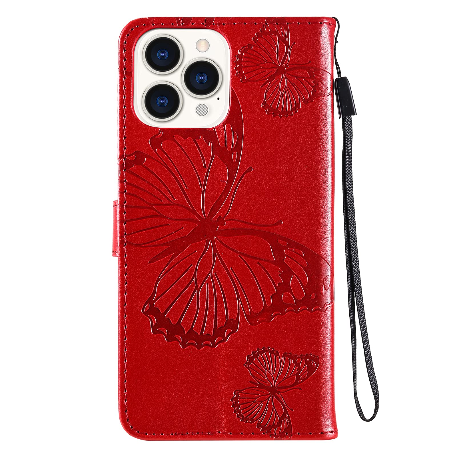 Premium PU Leather Wallet Case with Credit Card Holder & Kickstand for iPhone 13 Pro Max - Embossed Butterfly Red Design | Folio Flip Cover for Daily Use, Travel & Business Meetings (Compatible with iPhone 13 Pro Max)