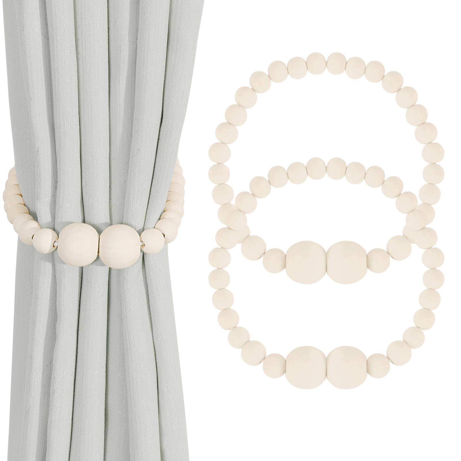 Elegant Magnetic Curtain Tiebacks - 2 Pack Wood Bead Drapery Holdbacks for Windows, Boho Farmhouse Bedroom & Nursery Decor - Perfect for Living Room, Dorm, and Home Staging