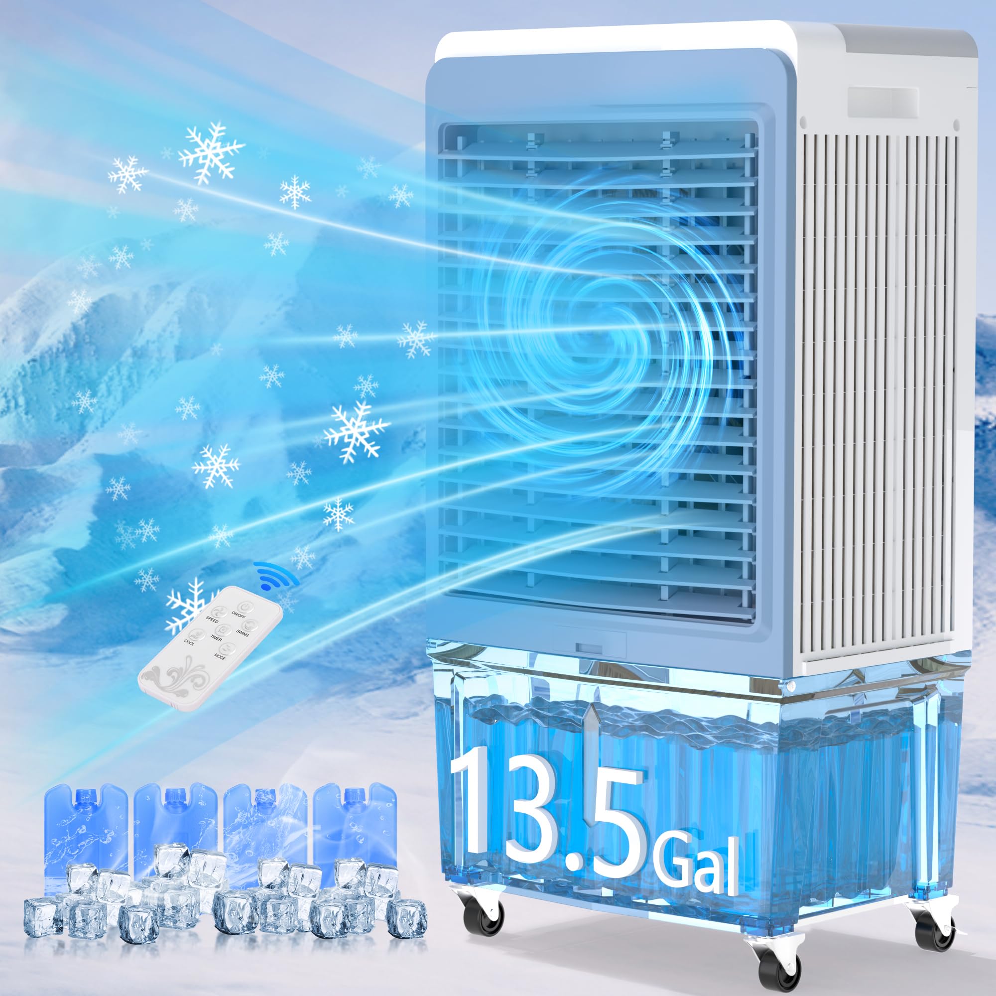 6000CFM Evaporative Air Cooler with 13.5-Gallon Water Tank - Portable Swamp Cooler with Silver Ion Technology, Water Level Alarm & 12H Timer - Indoor Outdoor Cooling for Garage, Patio, Workshop, and Home Use (47 Inches)