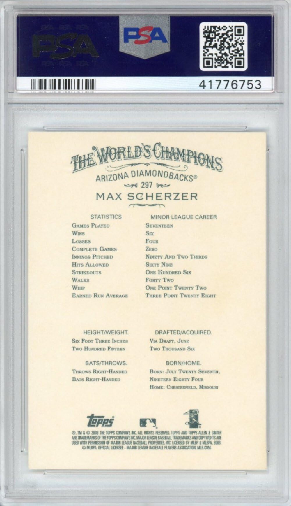 2008 Topps Allen & Ginter Max Scherzer #297 Rookie RC Baseball Card PSA 10 Gem Mint - Perfect for Collectors & Baseball Memorabilia Displays