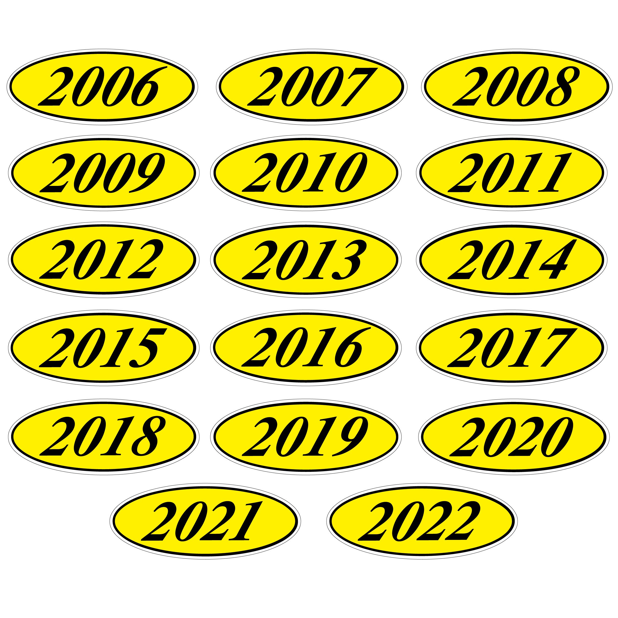 EZ-Line Oval Model Windshield Year Stickers for Car Windows - Large Vinyl Dealership Supplies (2006-2022) - 17 Dozen Pro Pack (1 Dozen Each Year) - Black on Yellow - Perfect for Auto Dealers, Fleet Vehicles & Registration Tags