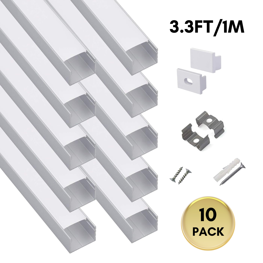 AC07 U-Shaped Square Aluminum Channel for LED Strip Lights - 3.3FT (1M) & 6.6FT (2M) - Fits Max 16mm Strips - Pack of 10 or 20 - Perfect for Home, Office, and Commercial Lighting Projects