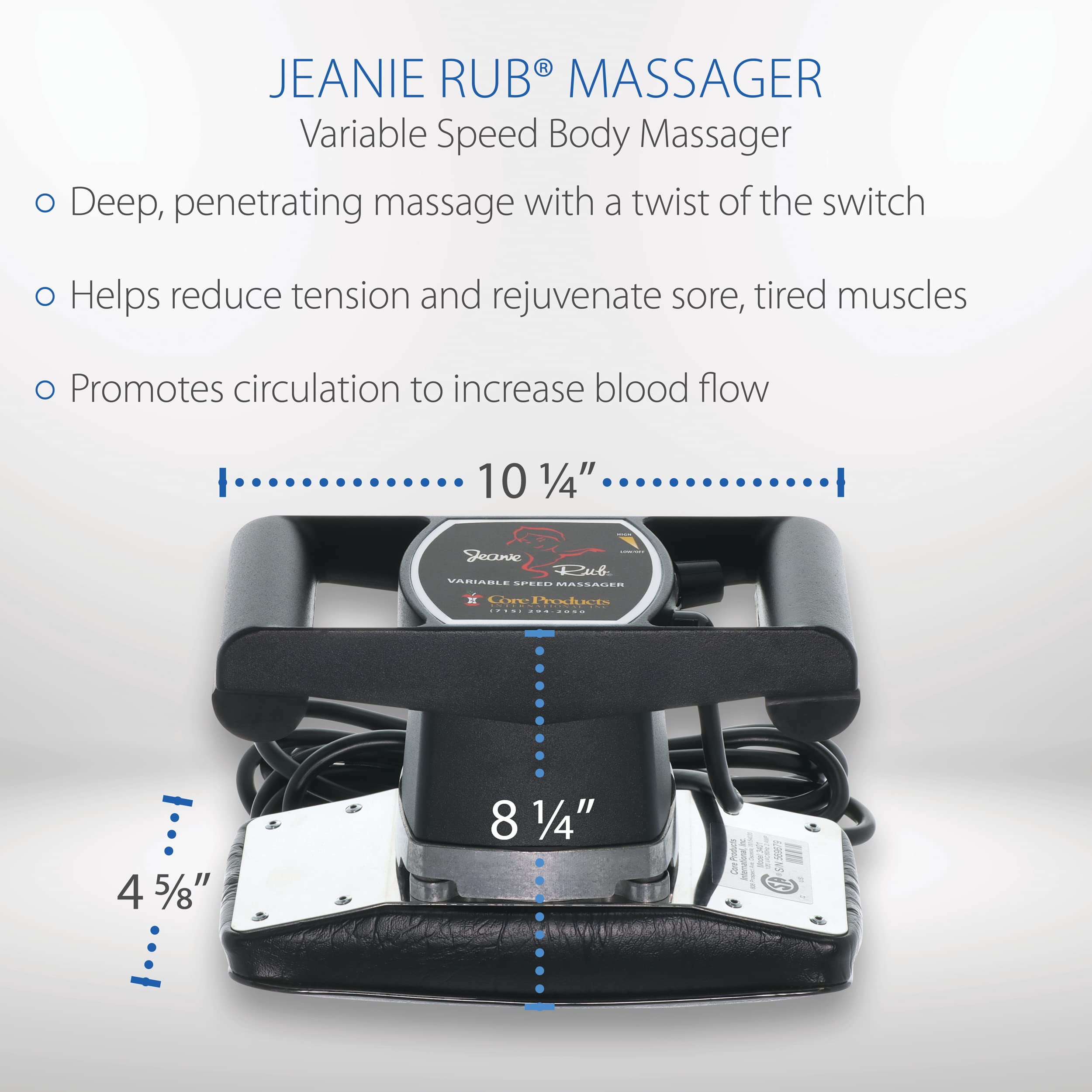 Core Products Jeanie Rub Variable Speed Deep Tissue Massager - Orbital Action for Back & Body Pain Relief - Professional Massage Therapy Tool for Home & Office Use