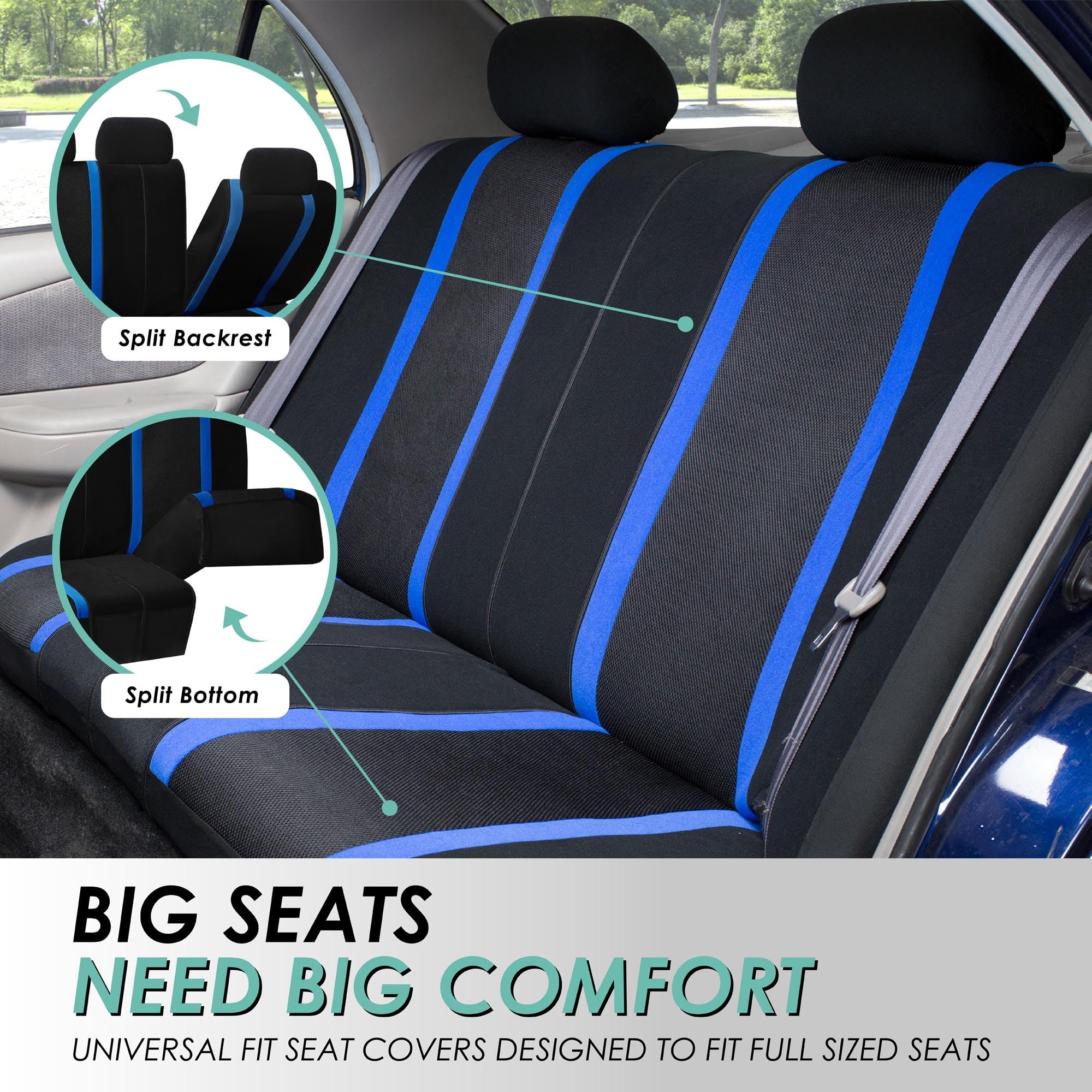 FH Group Non-Slip Automotive Seat Covers Set - Full Blue Sports Car Seat Covers with Dash Grip Pad | Compatible with Cars, Vans, Trucks & SUVs | Airbag Safe & Split Rear Design | Perfect for Road Trips, Commuting & Off-Road Adventures
