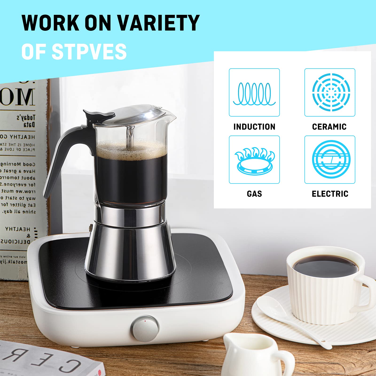 Moka Induction Stovetop Espresso Maker - 240ml (6 Cup) Italian Coffee Pot with Crystal Glass Top & Stainless Steel - Perfect for Home, Office & Camping Coffee Brewing