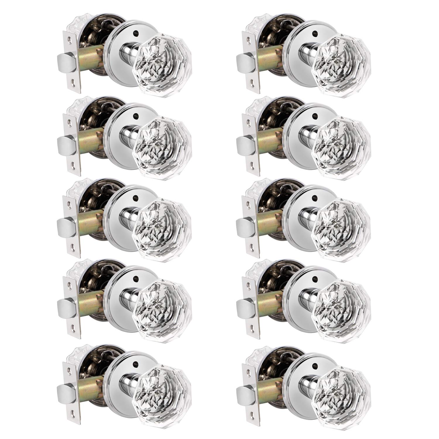 10 Pack Diamond Round Crystal Door Knobs - Privacy Bedroom & Bathroom Door Lock Set - Keyless Glass Door Handle with Polished Chrome Finish - Modern Interior Hardware for Home, Office, and Hotel Use