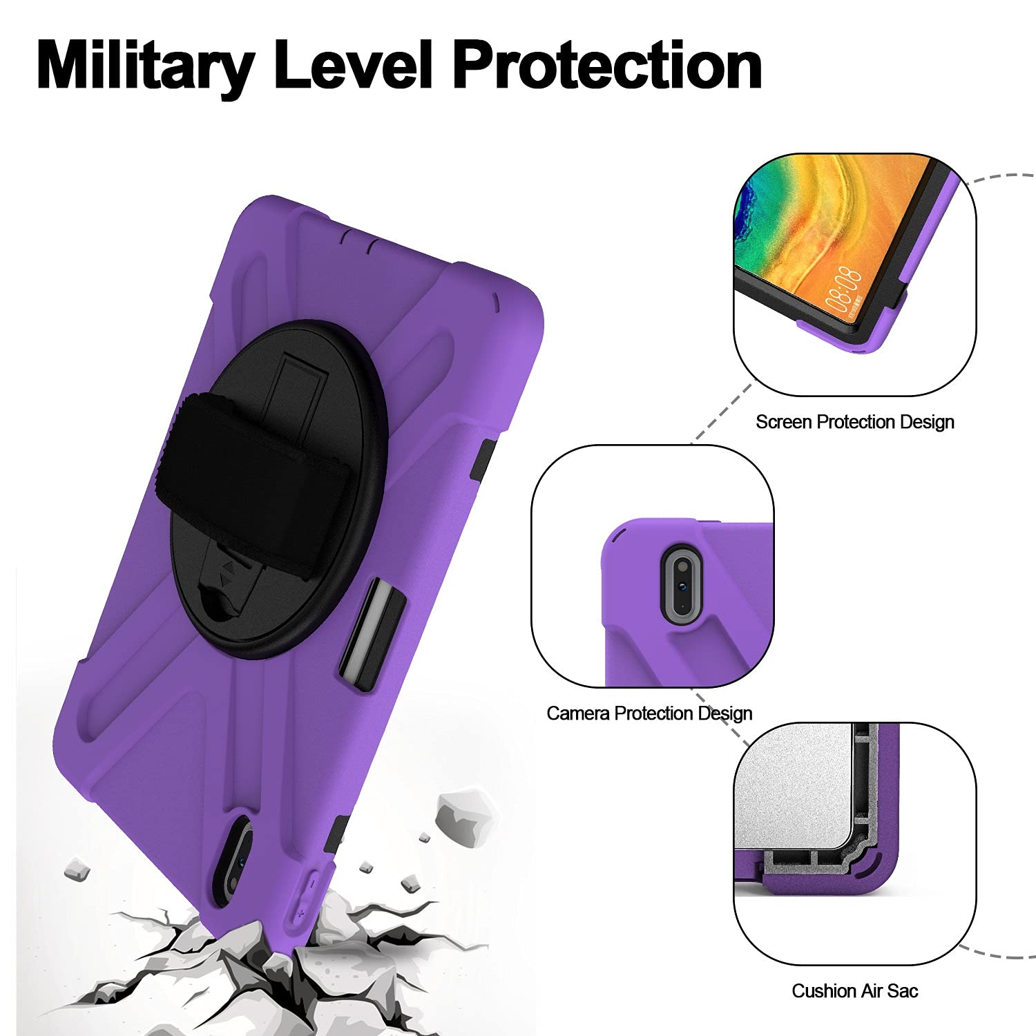 Premium Shockproof Kids Tablet Case for Huawei MatePad Pro 10.8/10.8 5G - Rotating Stand with Hand Strap & Shoulder Strap (Purple) - Perfect for School, Travel & Home Use